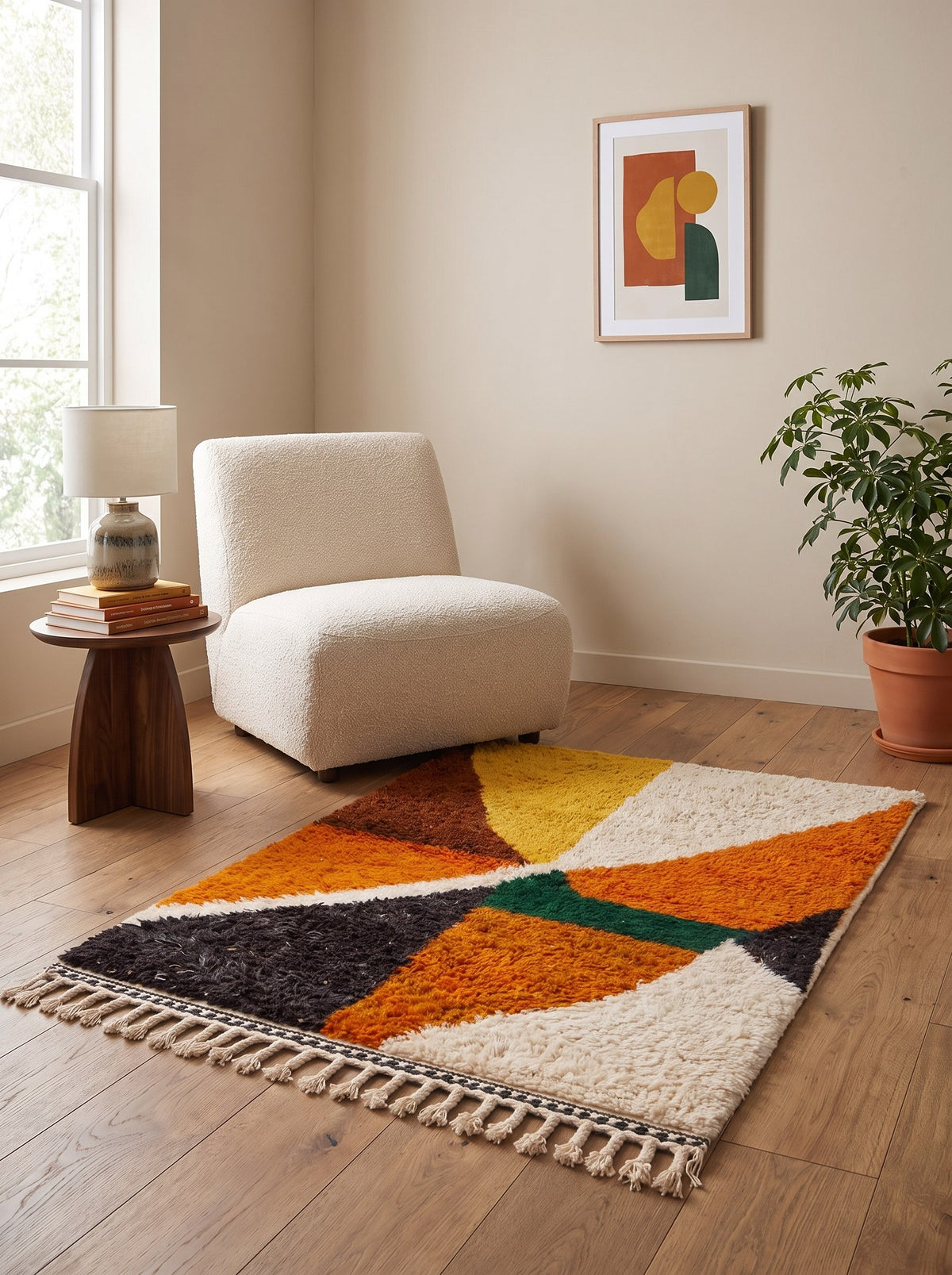 Amayas graphic Berber rug in orange and mustard, in a reading nook, hand-knotted in Morocco