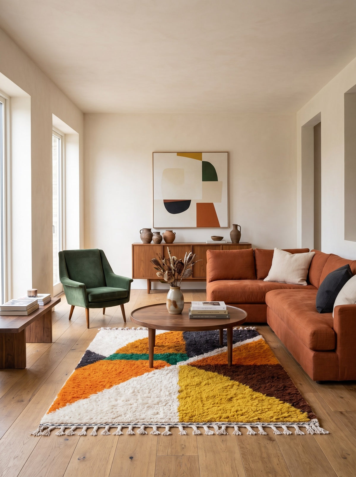 Amayas graphic Berber rug in orange and mustard, in another living room, hand-knotted in Morocco