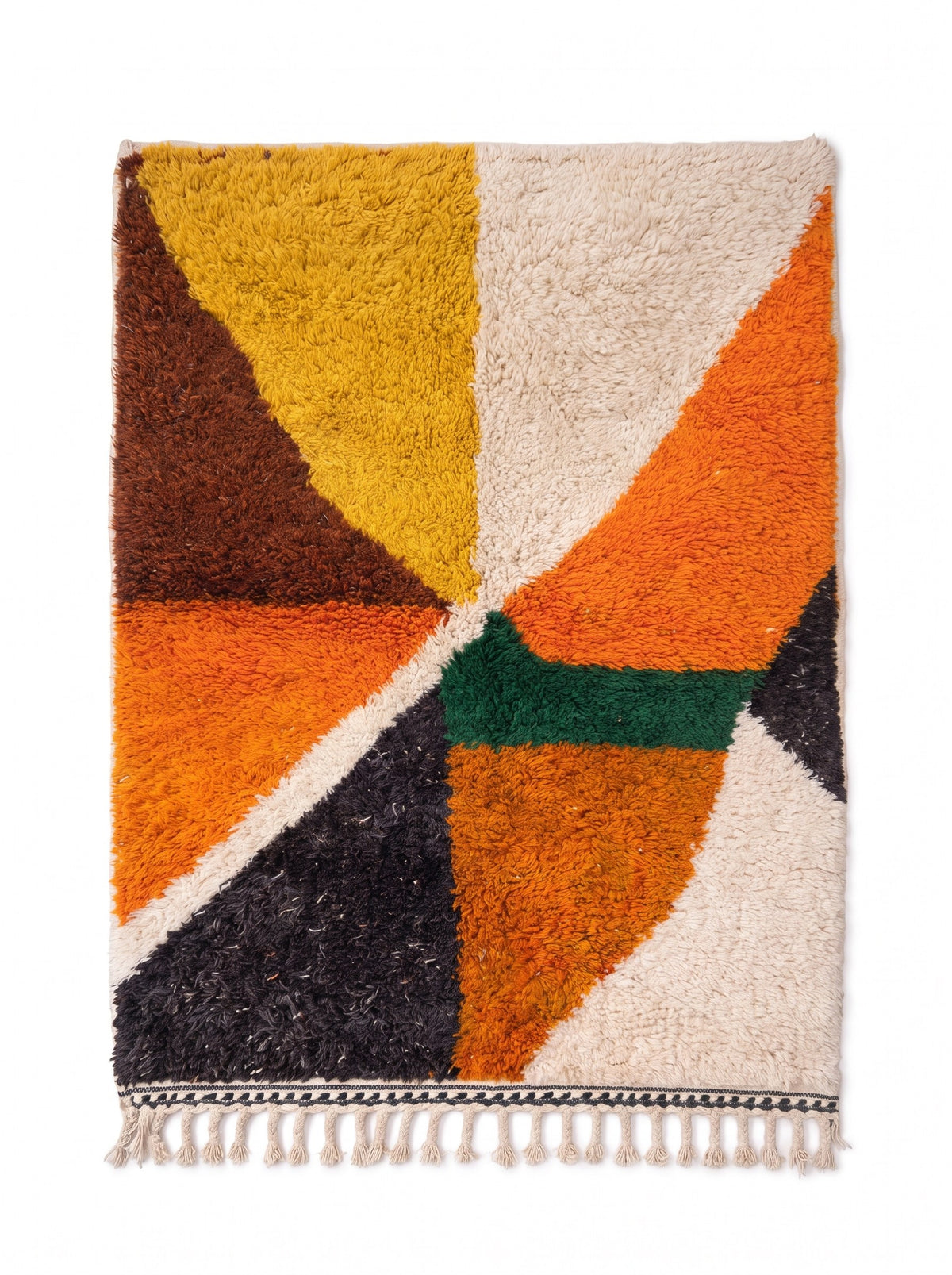 Amayas graphic Berber rug in orange and mustard, laid flat, star-shaped composition around a central point
