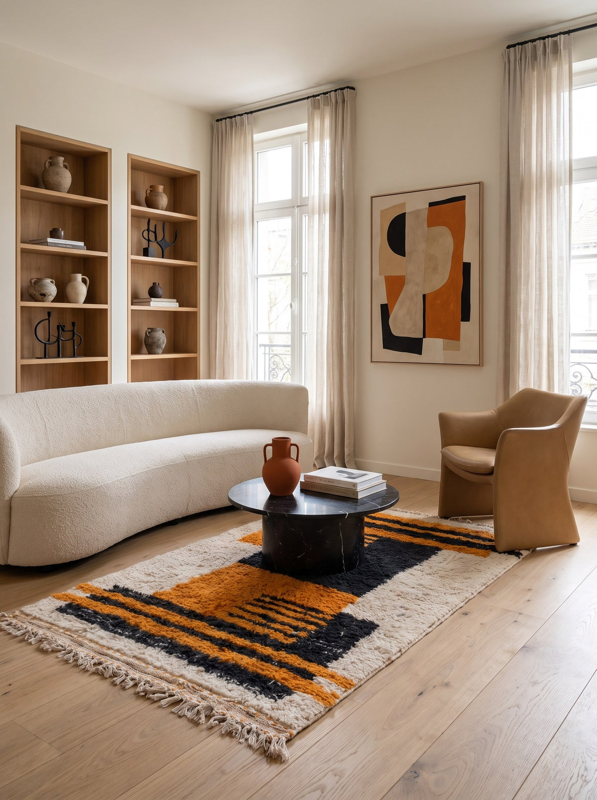 Tapis berbère graphique orange et noir Afunas dans un autre salon, noué main au Maroc