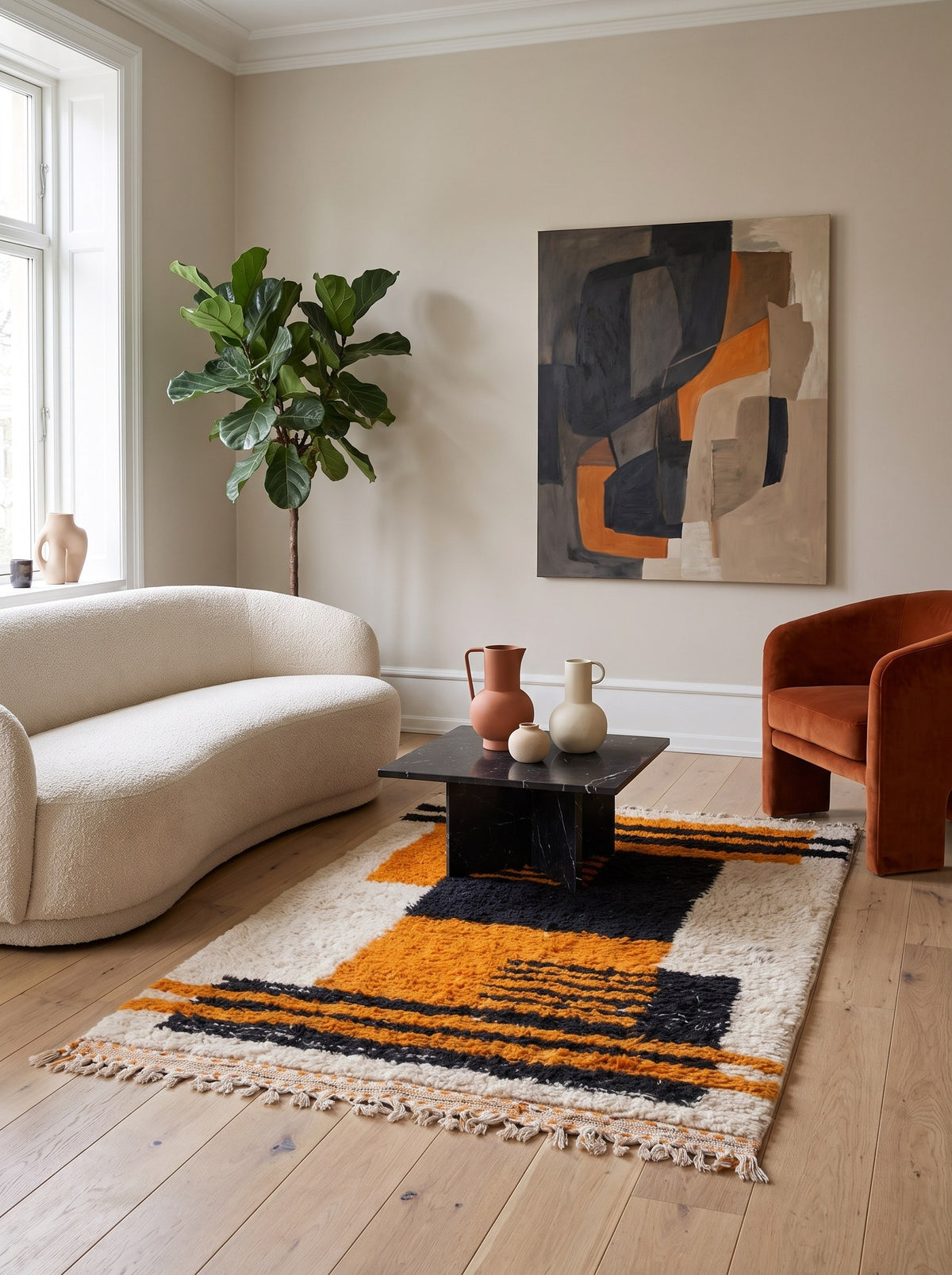 Tapis berbère graphique orange et noir Afunas dans un salon, noué main au Maroc