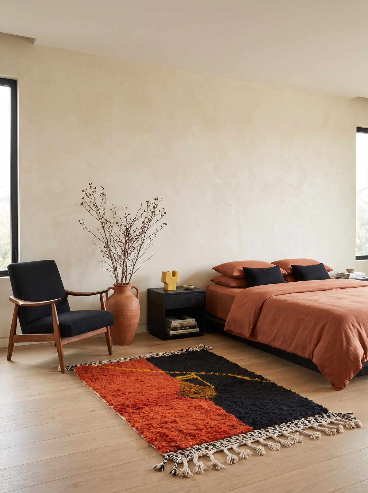 Guelmim orange and black graphic Berber rug in a bedroom, hand-knotted in Morocco
