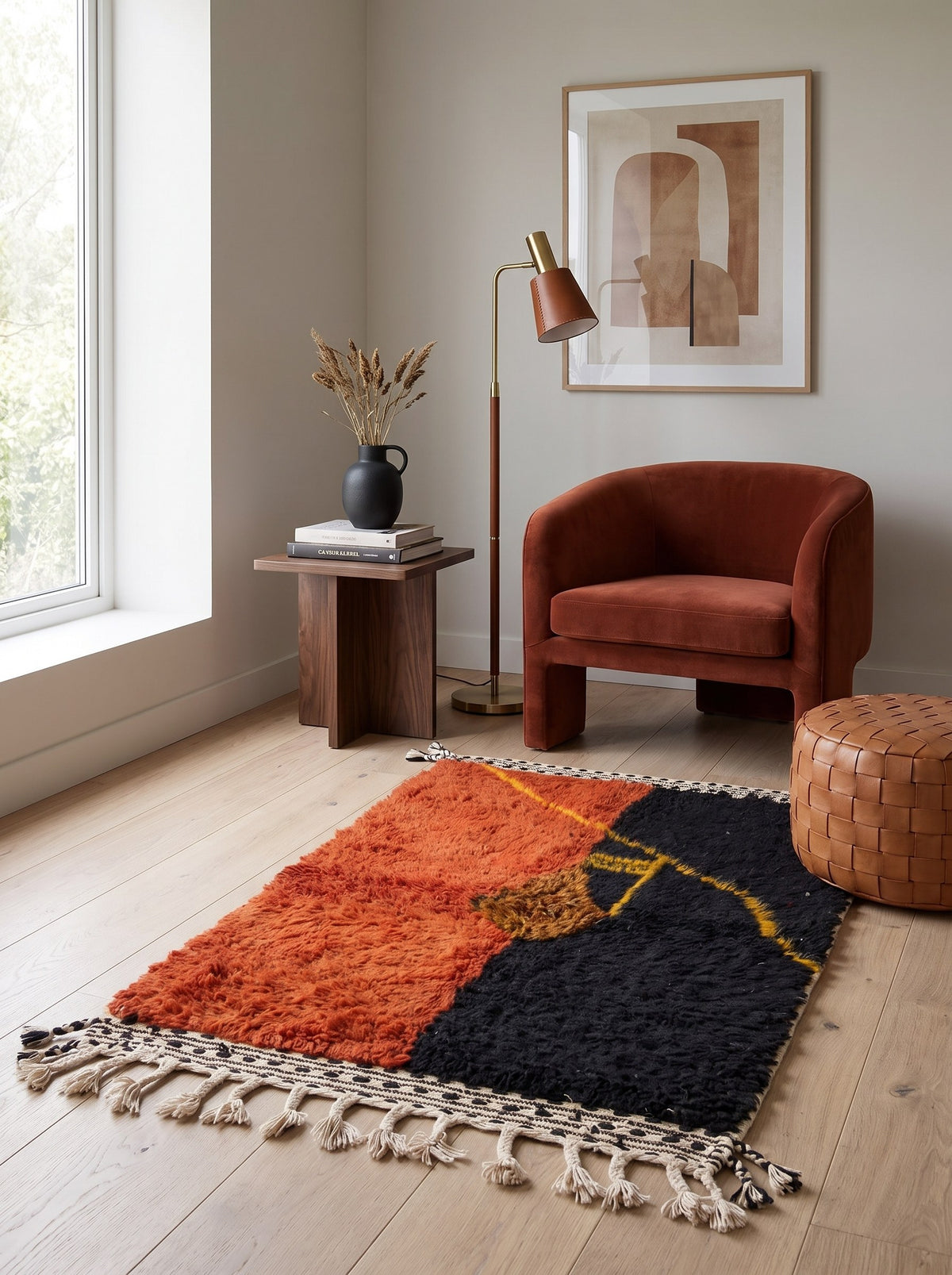Guelmim orange and black graphic Berber rug in a reading nook, hand-knotted in Morocco
