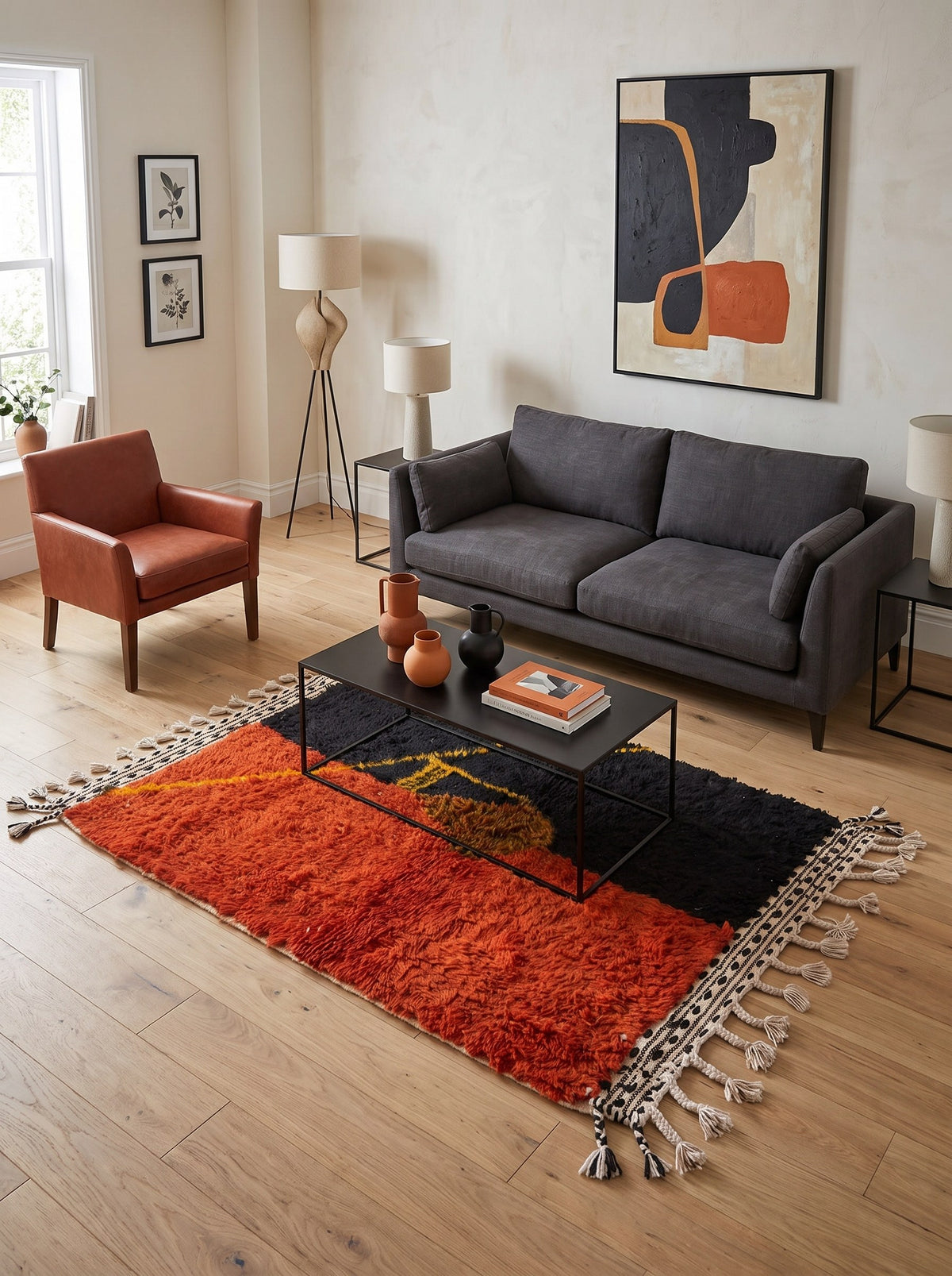 Guelmim orange and black graphic Berber rug in a living room, hand-knotted in Morocco
