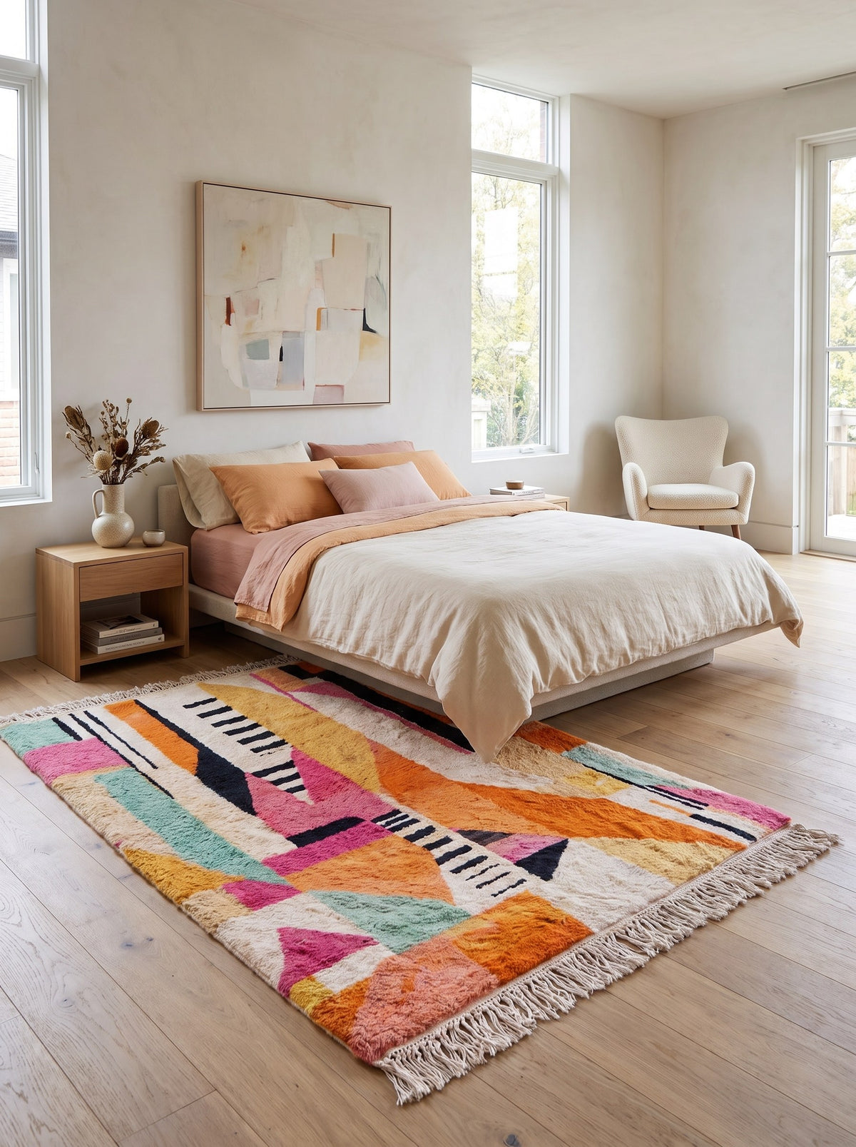 Tapis berbère graphique orange et rose Tinfou dans une chambre, noué main au Maroc