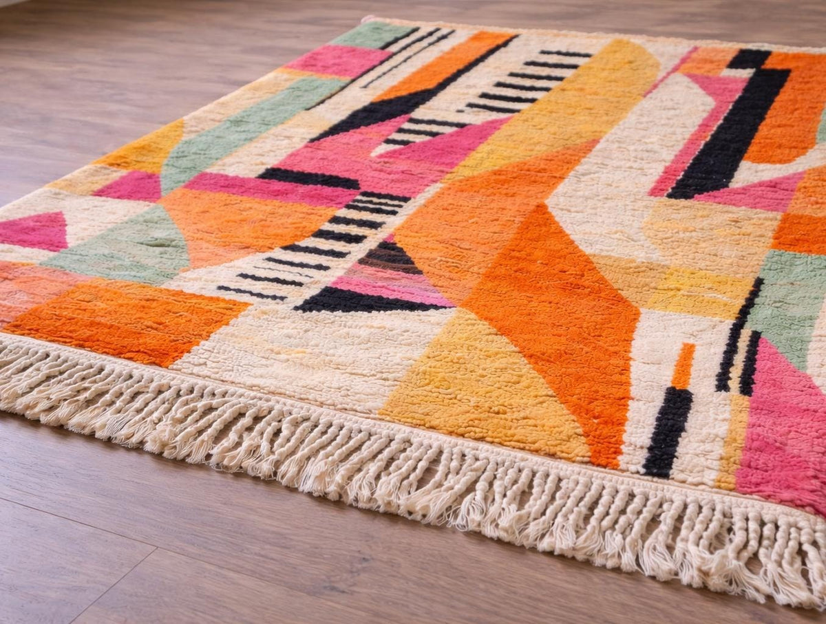 Gros plan sur les franges du tapis berbère Tinfou, écrues en bas seulement, nouées à la main