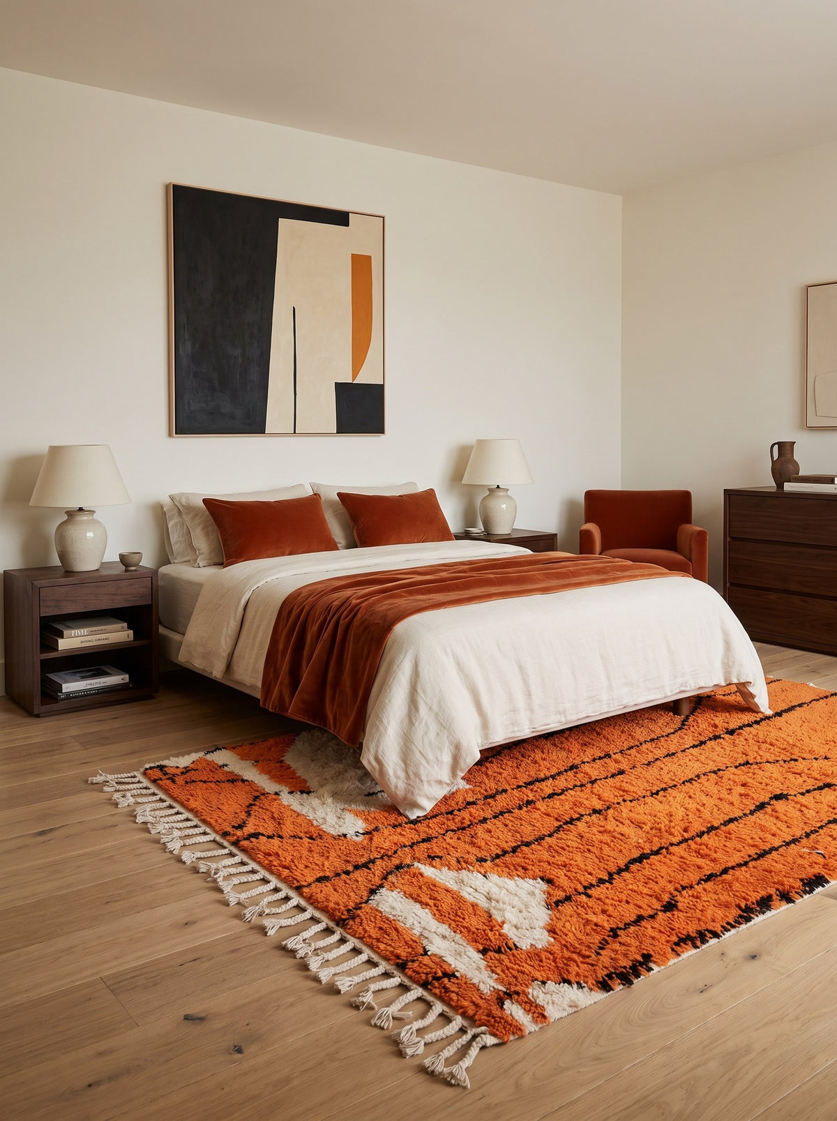 Sourzan graphic Berber rug in orange in a bedroom, hand-knotted in Morocco