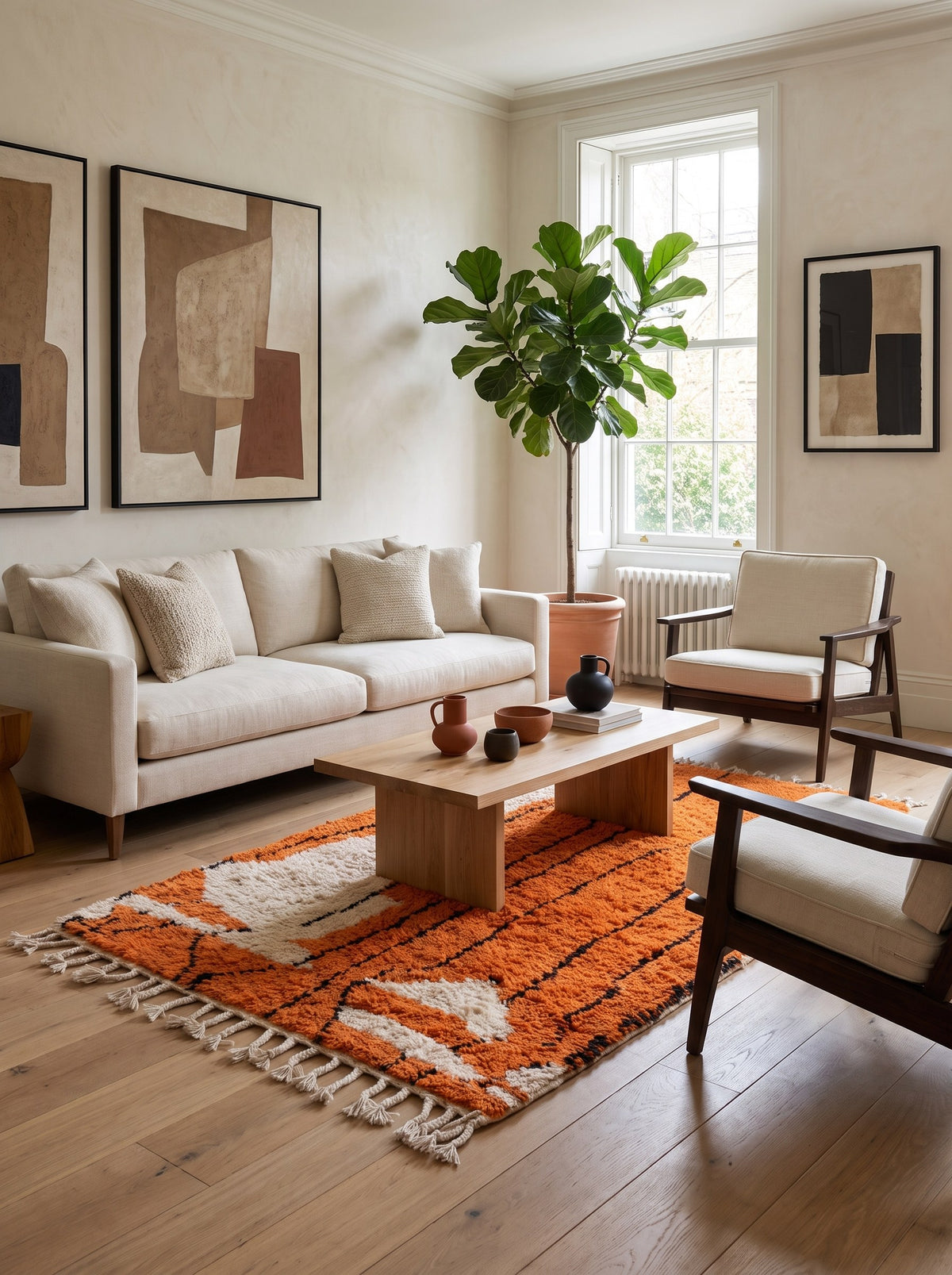 Sourzan graphic Berber rug in orange in a living room, hand-knotted in Morocco