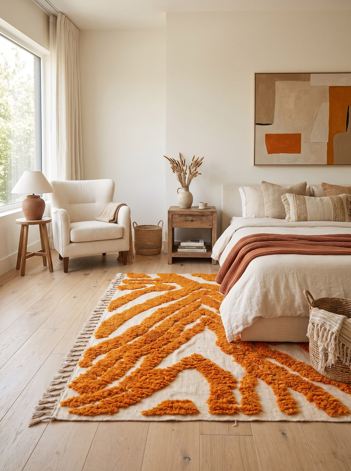 Tazemurt graphic Berber rug in orange, in a bedroom, hand-knotted in Morocco