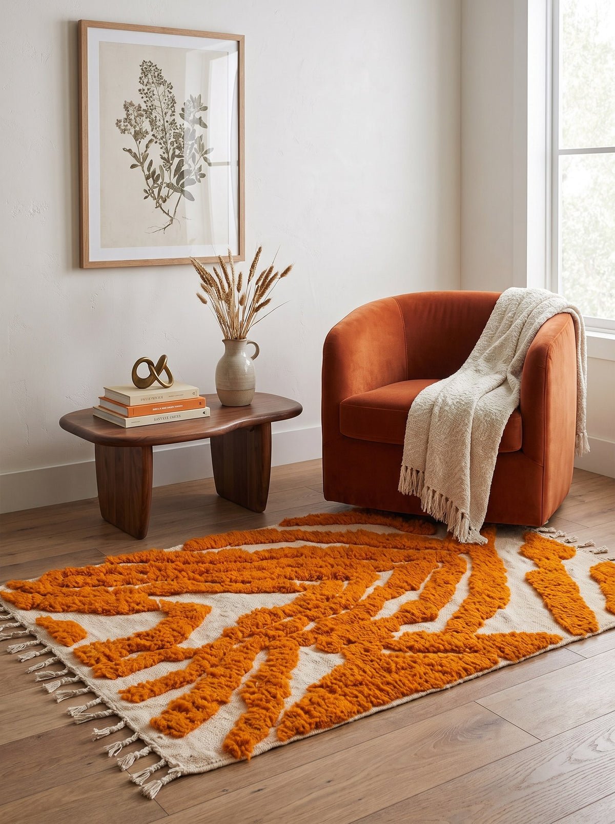 Tazemurt graphic Berber rug in orange, in a reading nook, hand-knotted in Morocco