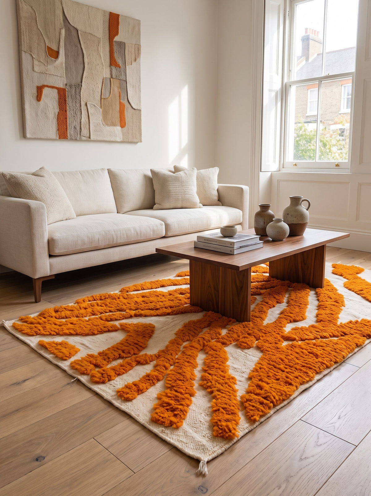 Tazemurt graphic Berber rug in orange, in another living room, hand-knotted in Morocco