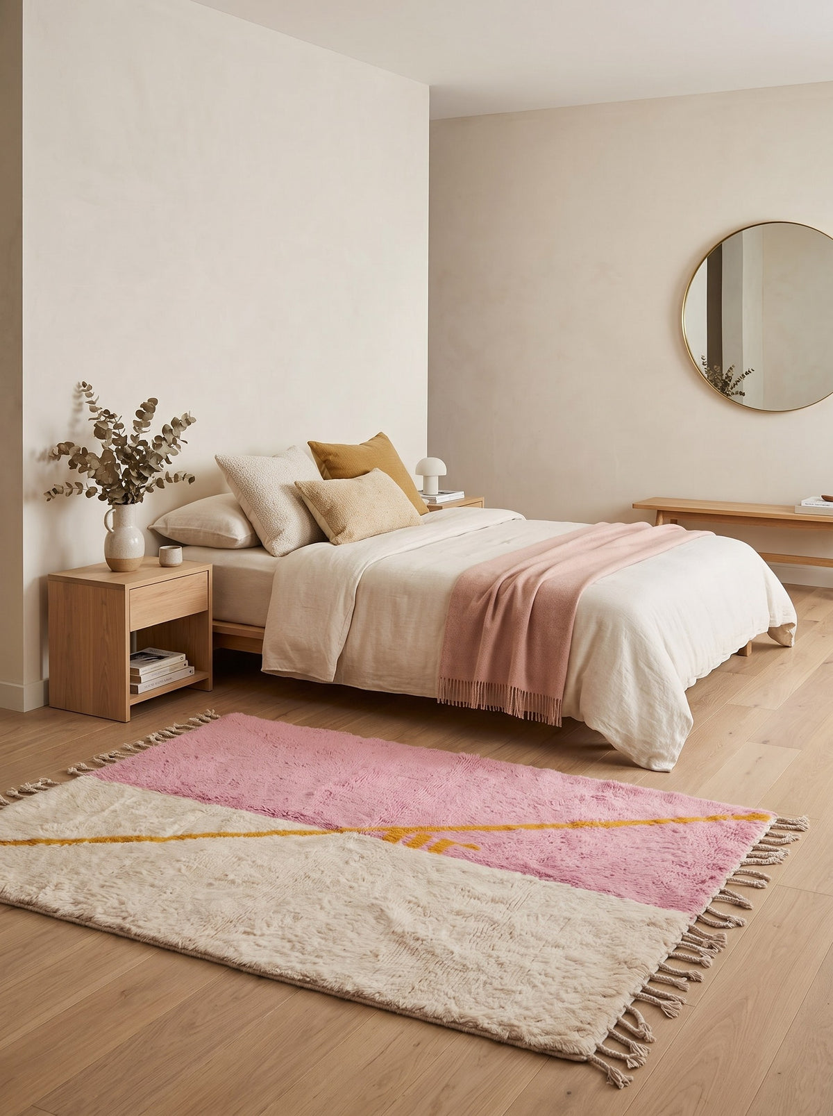 Tapis berbère graphique rose et blanc Amanouz dans une chambre, noué main au Maroc