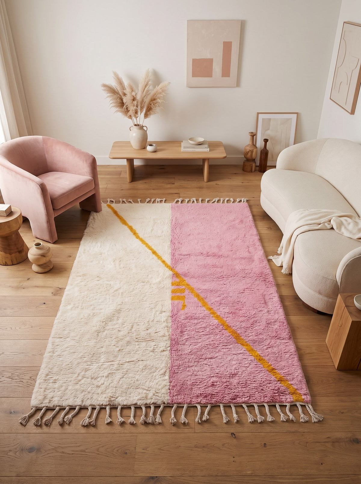 Tapis berbère graphique rose et blanc Amanouz dans un salon, noué main au Maroc