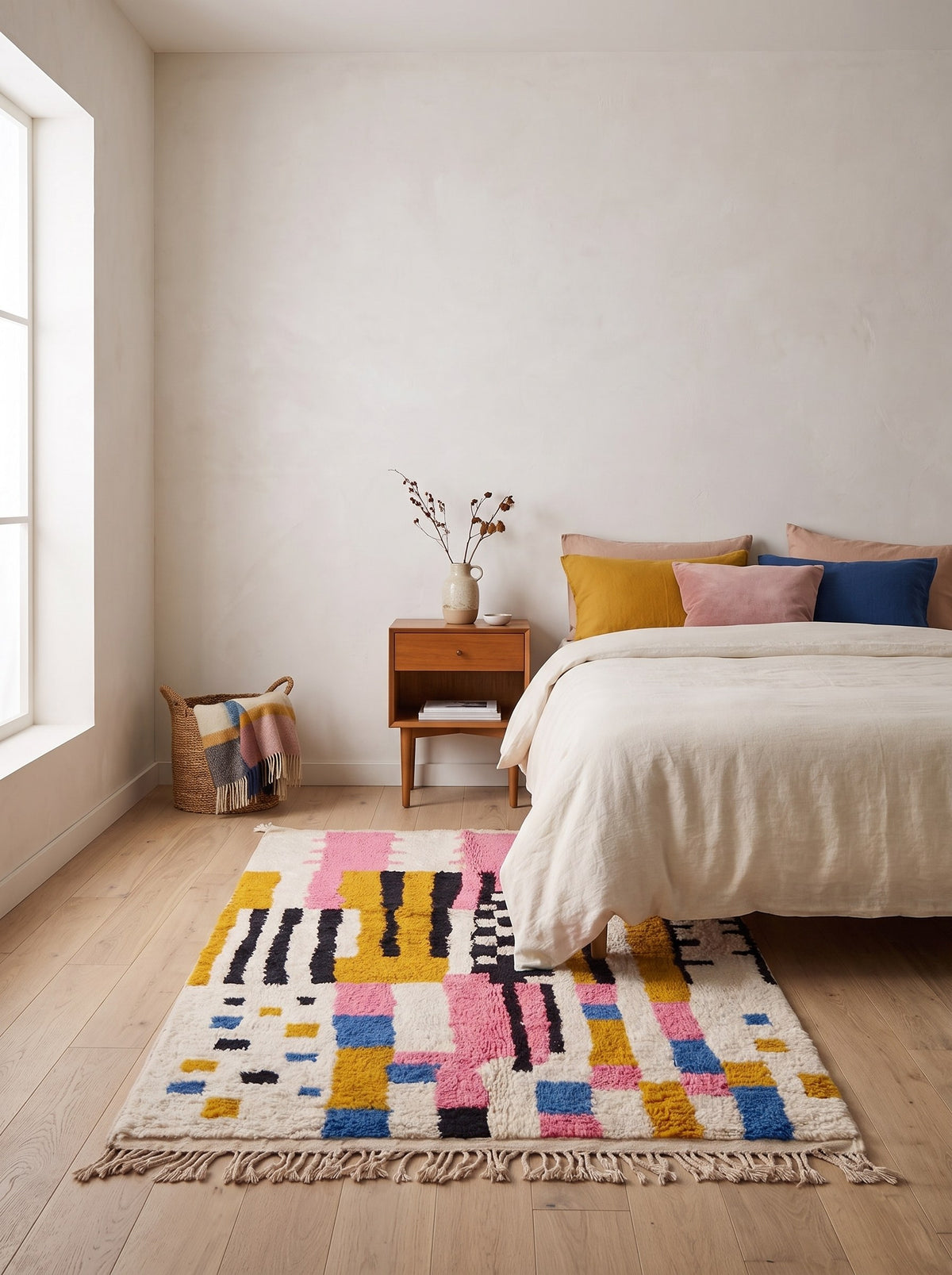 Tapis berbère graphique rose et moutarde Timidarte dans une chambre, noué main au Maroc