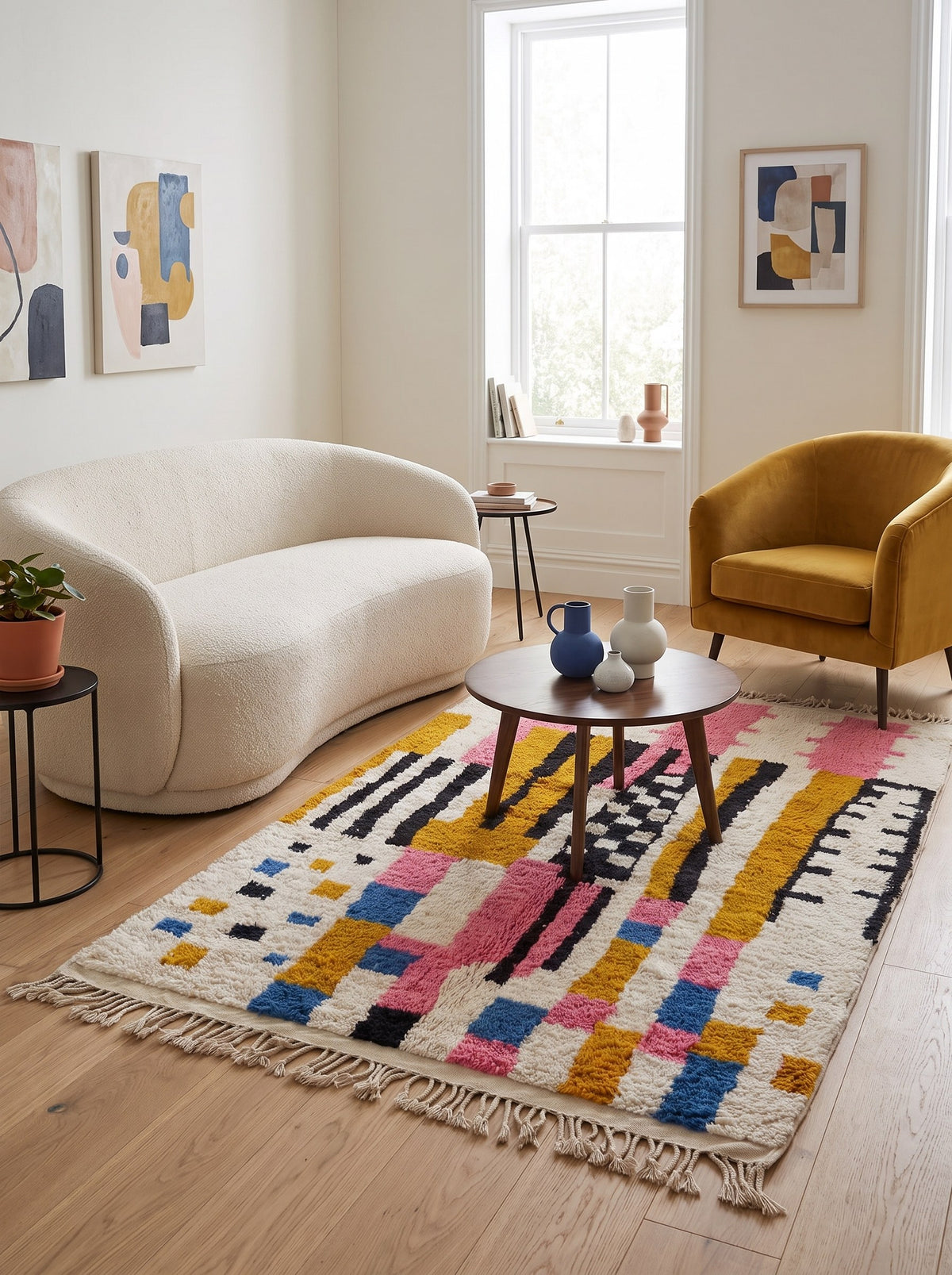 Tapis berbère graphique rose et moutarde Timidarte dans un salon, noué main au Maroc