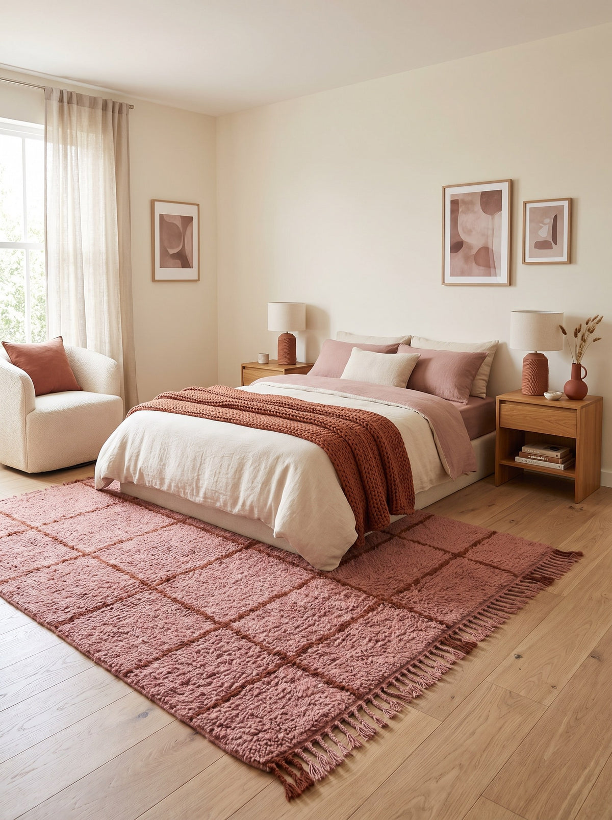 Imassine graphic Berber rug in pink and rust, in a bedroom, hand-knotted in Morocco