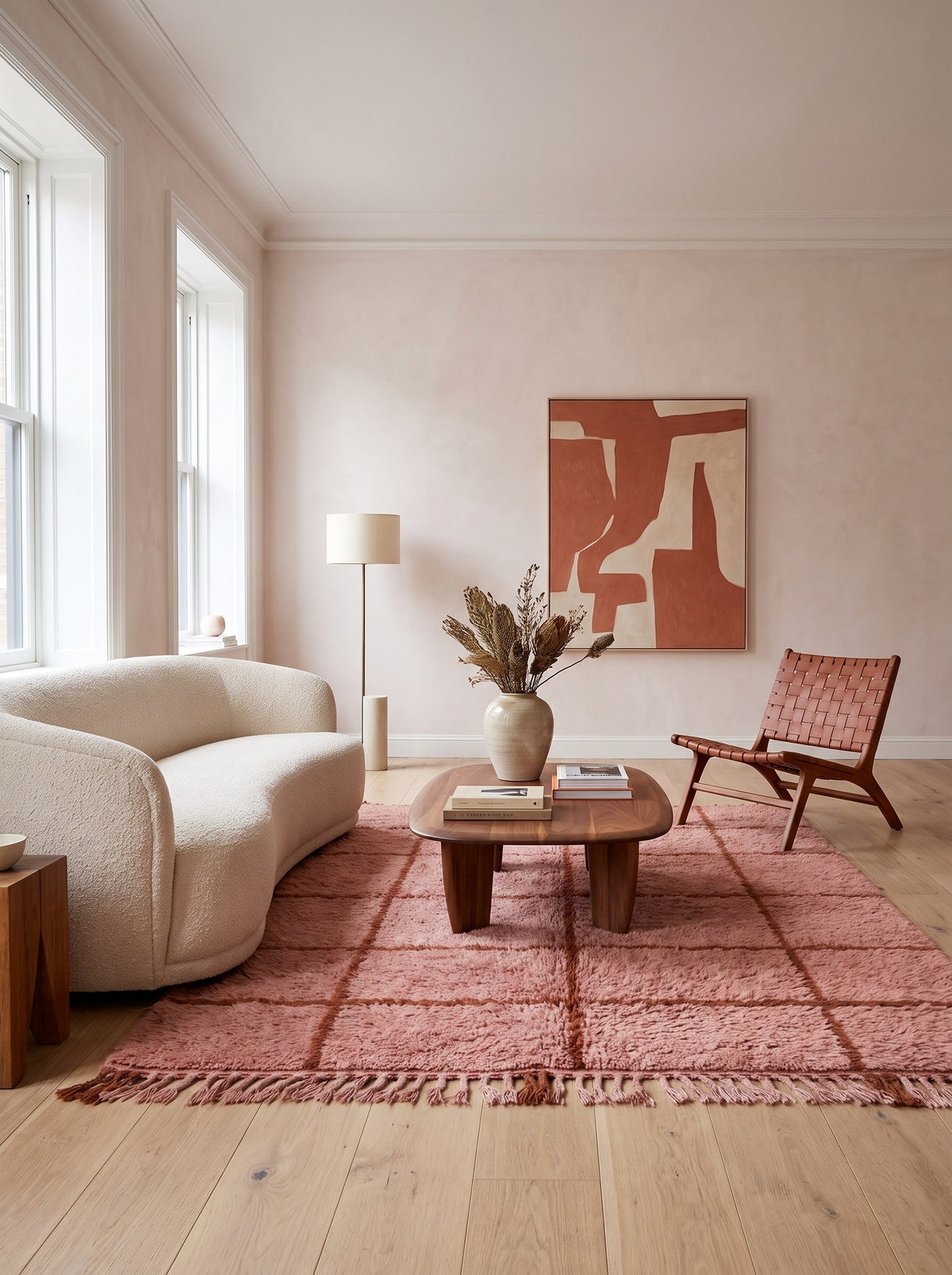 Imassine graphic Berber rug in pink and rust, in another living room, hand-knotted in Morocco