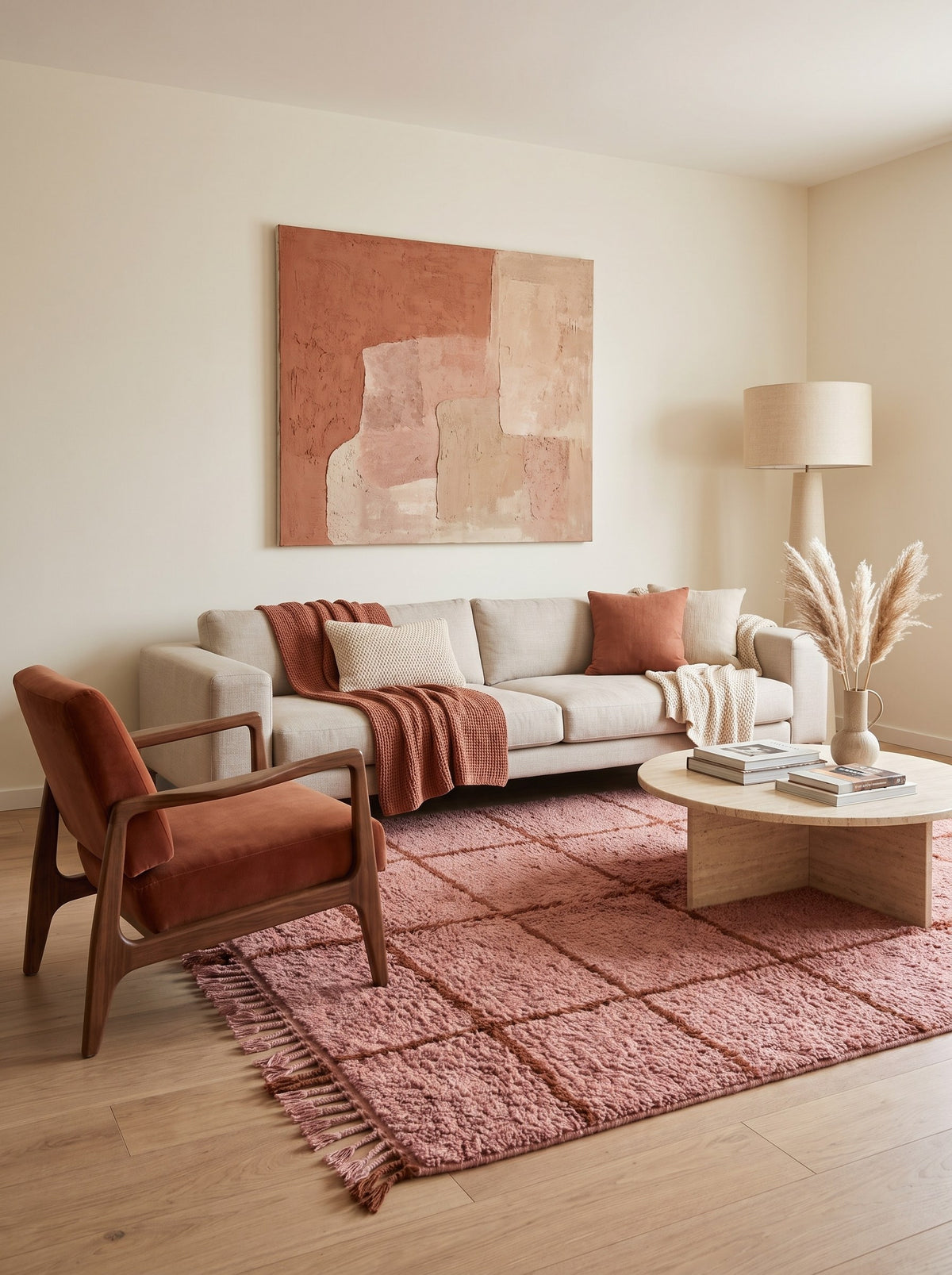 Imassine graphic Berber rug in pink and rust, in a living room, hand-knotted in Morocco