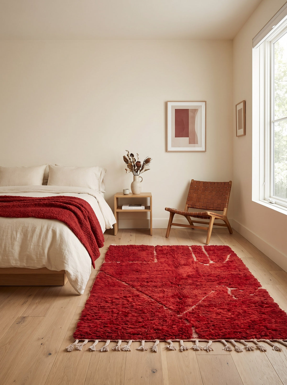 Telouet graphic Berber rug in red, in a bedroom, hand-knotted in Morocco