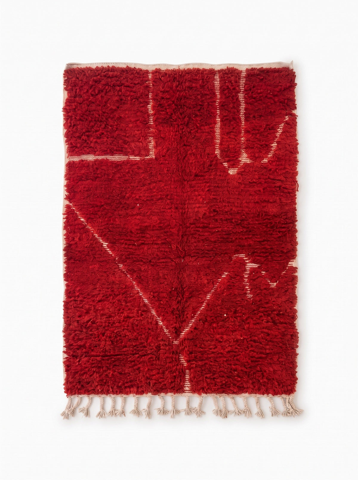 Telouet graphic Berber rug in red, laid flat, deep red long pile, fine recessed ivory lines