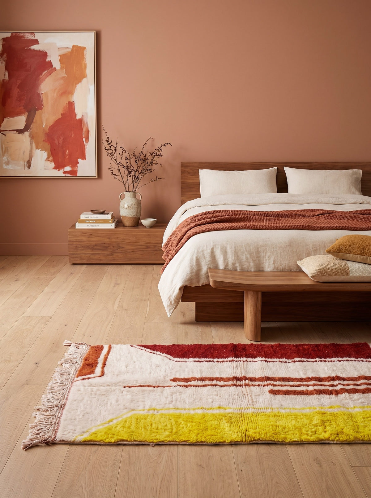 Haouza rust and yellow graphic Berber rug in a bedroom, hand-knotted in Morocco