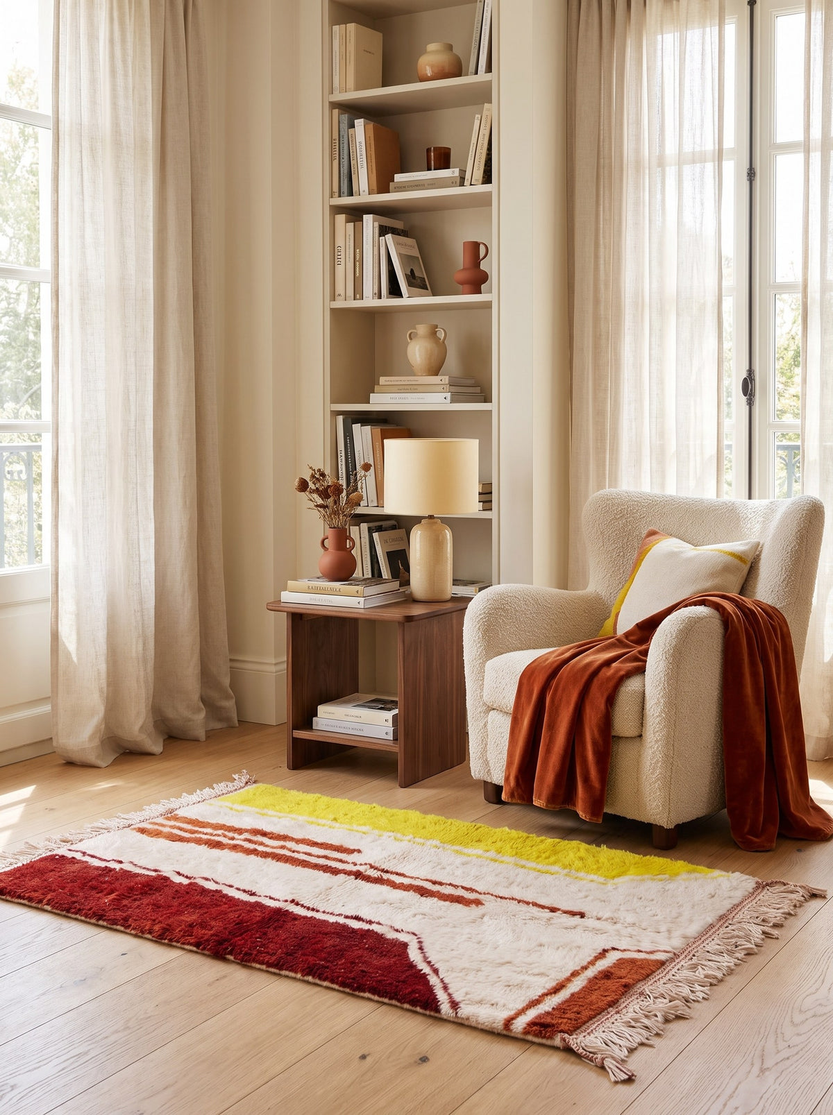 Haouza rust and yellow graphic Berber rug in a reading nook, hand-knotted in Morocco