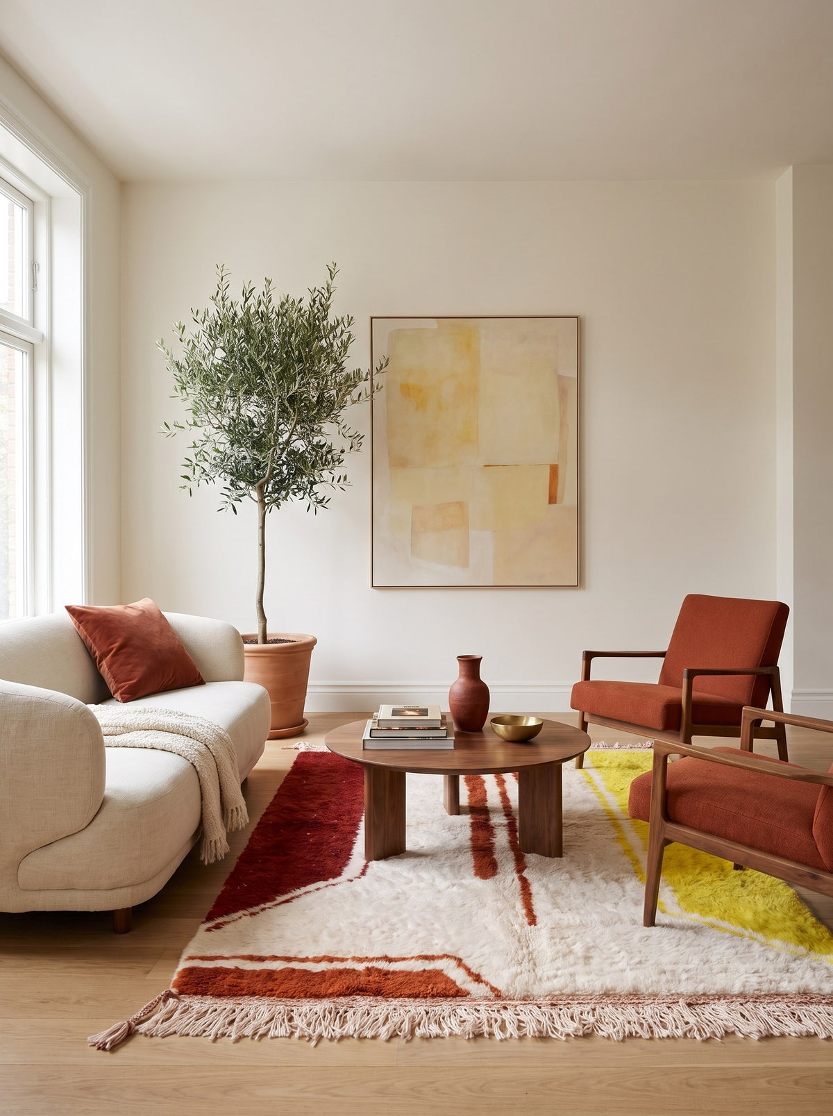 Haouza rust and yellow graphic Berber rug in another living room, hand-knotted in Morocco