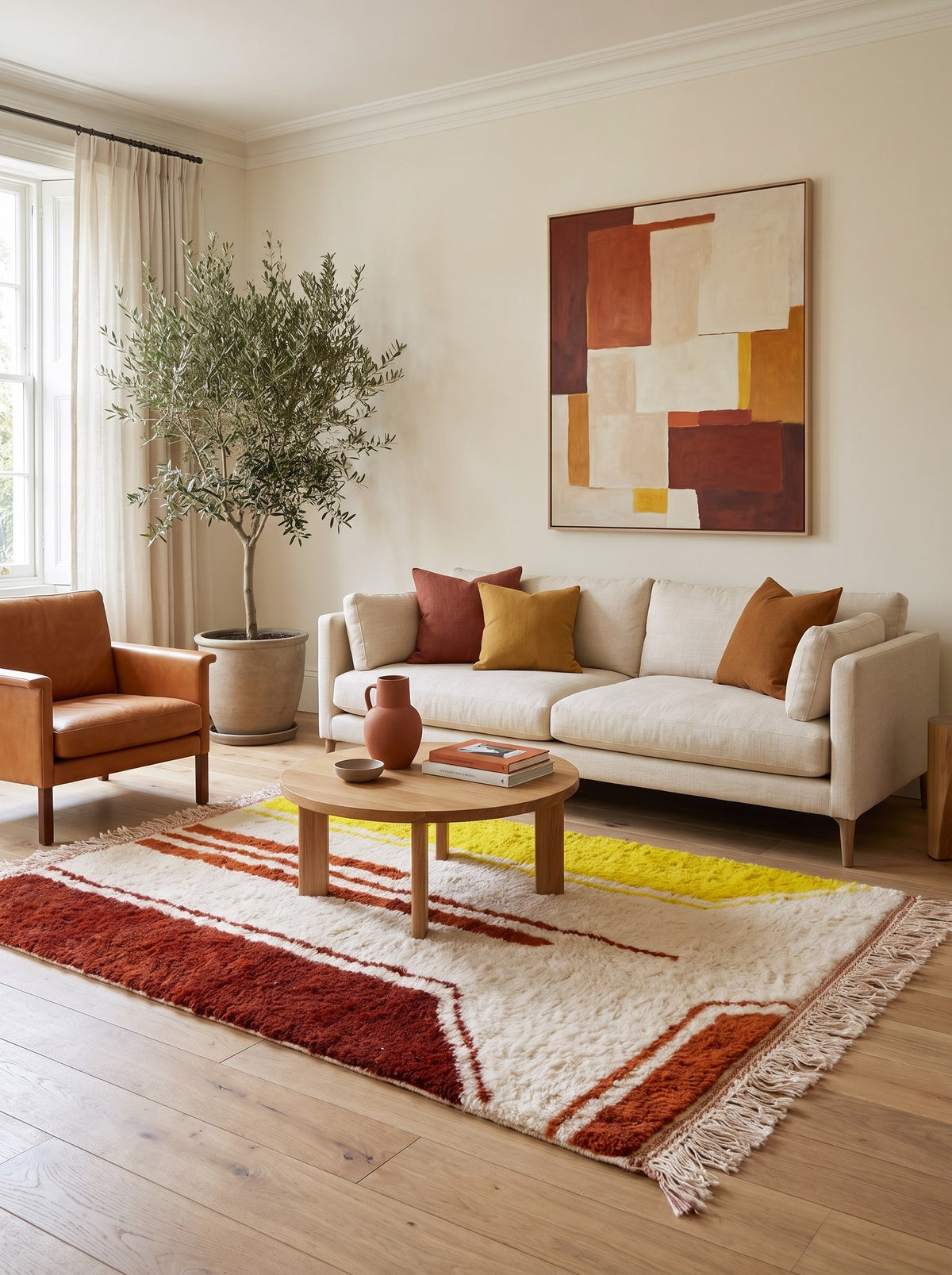 Haouza rust and yellow graphic Berber rug in a living room, hand-knotted in Morocco