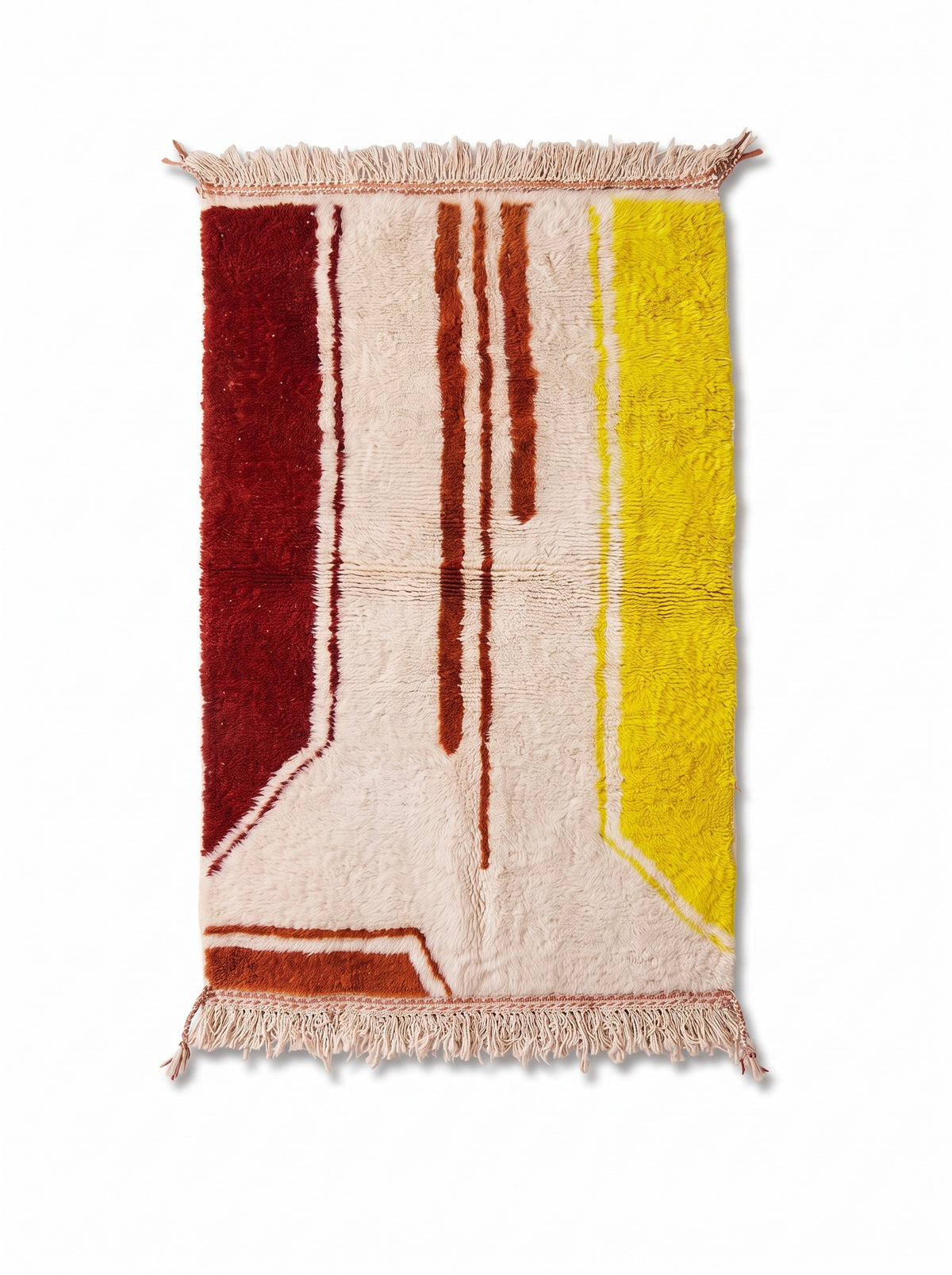 Haouza rust and yellow graphic Berber rug laid flat, long-pile ecru field, wide burgundy band on the left, ecru fringes