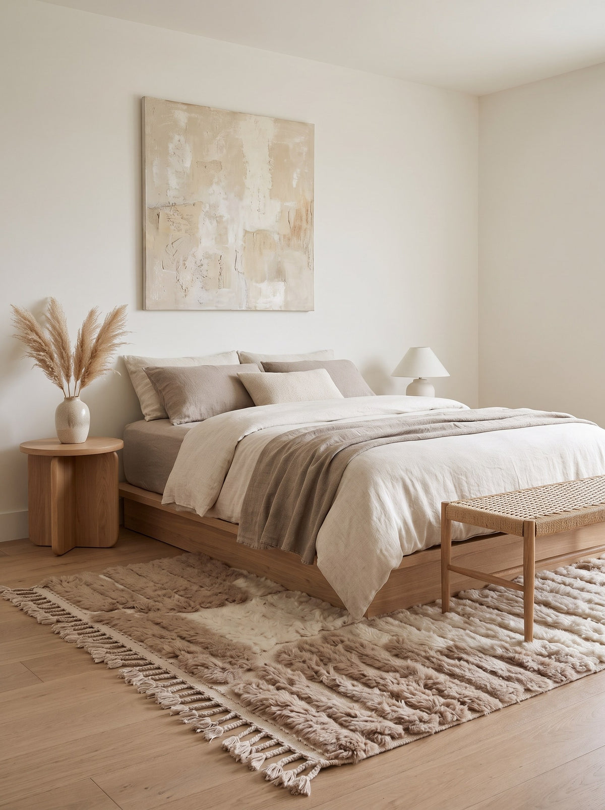 Tapis berbère graphique taupe et blanc Tarkeddit dans une chambre, noué main au Maroc