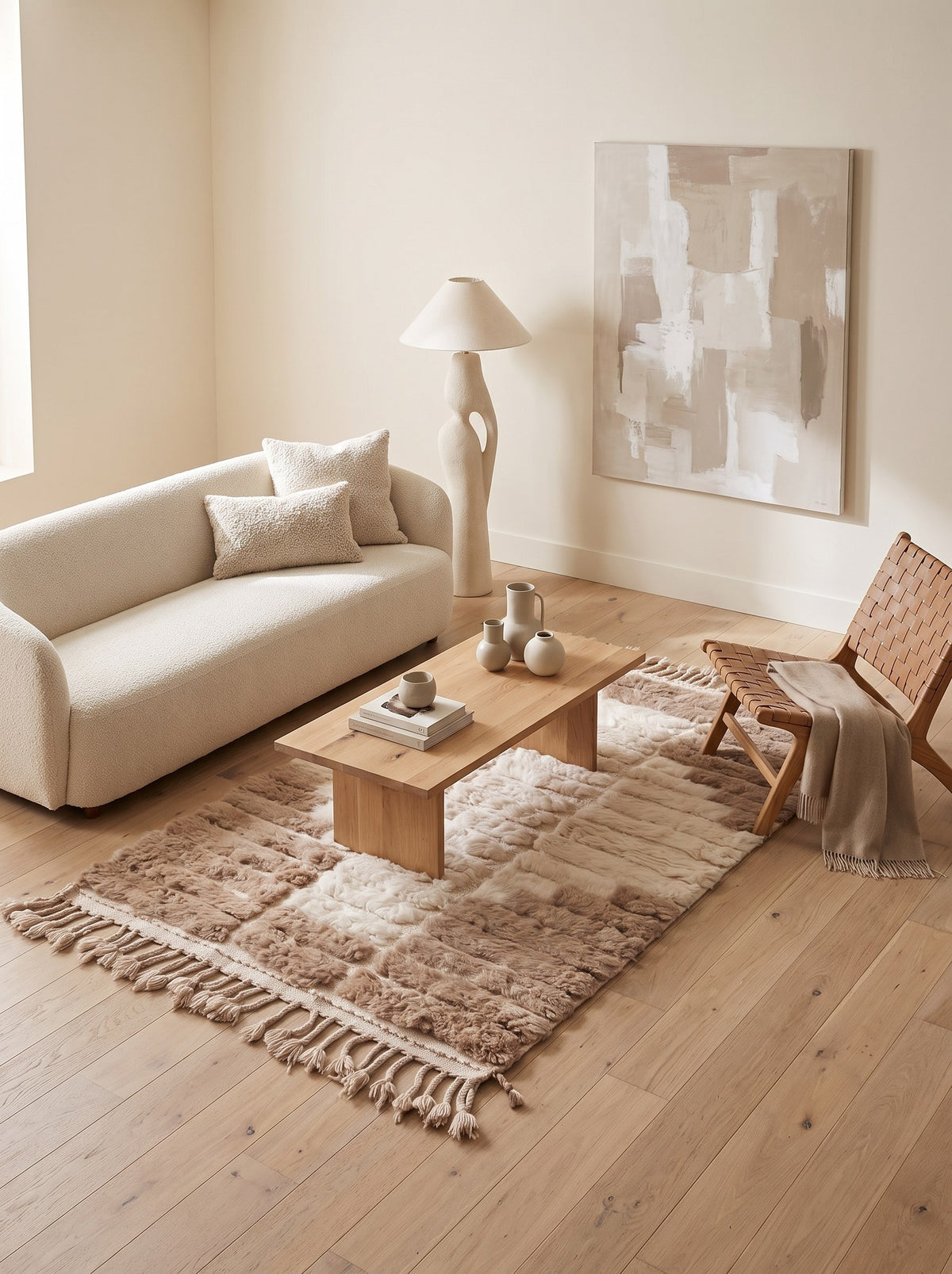 Tapis berbère graphique taupe et blanc Tarkeddit dans un autre salon, noué main au Maroc