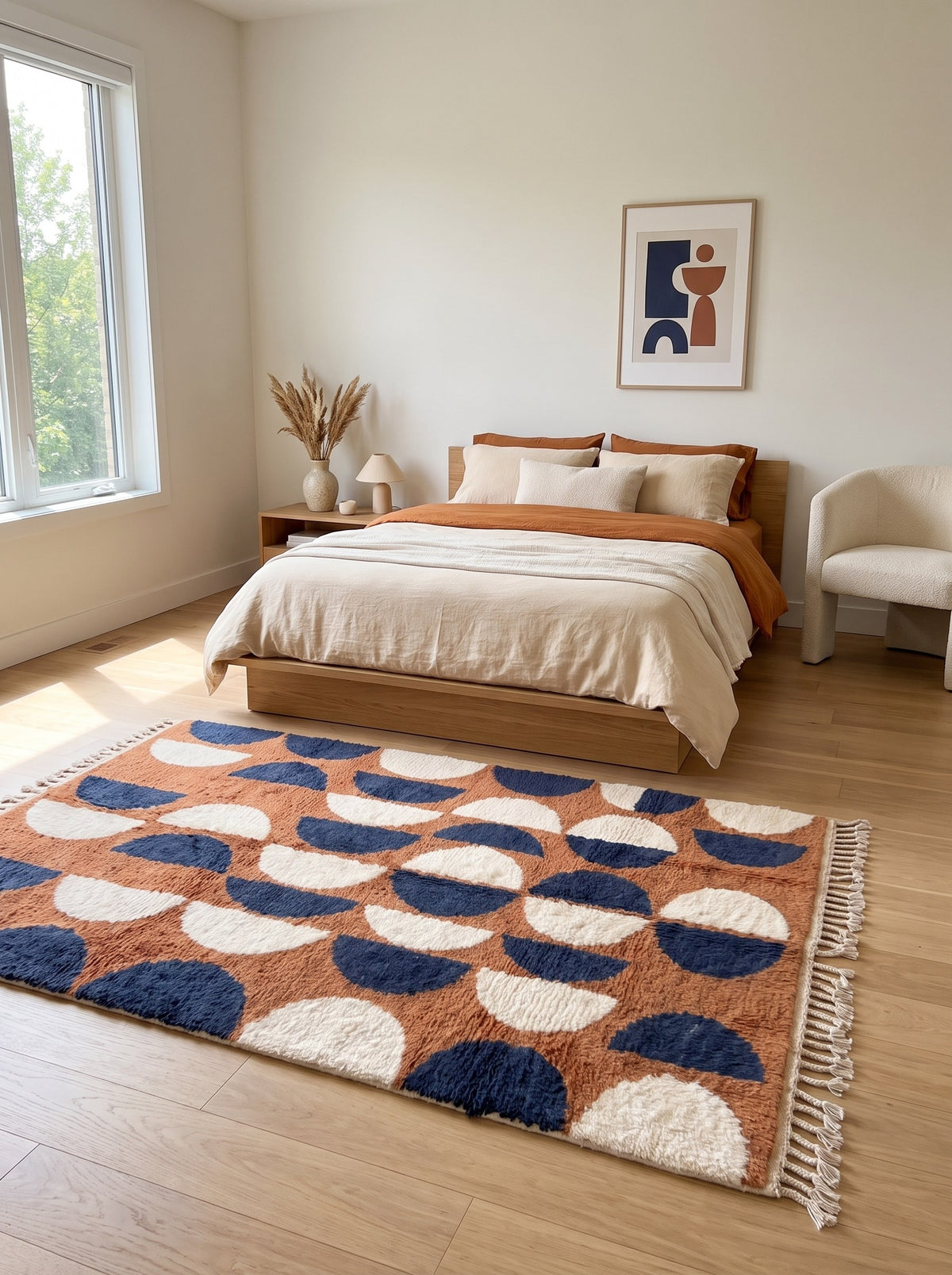 Tapis berbère graphique terracotta et bleu nuit Ziri dans une chambre, noué main au Maroc