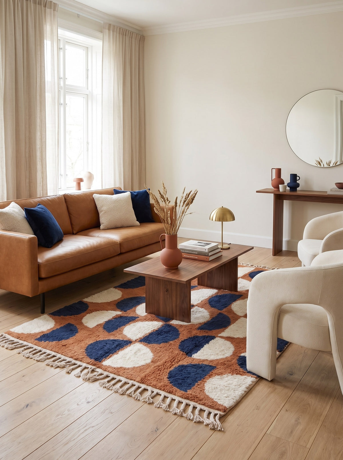 Tapis berbère graphique terracotta et bleu nuit Ziri dans un autre salon, noué main au Maroc