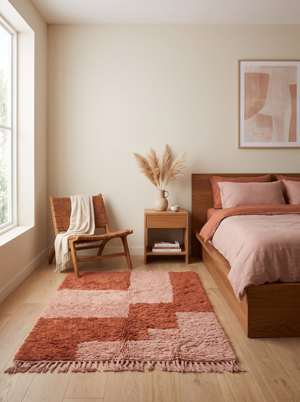 Tarmizt graphic Berber rug in terracotta and pink in a bedroom, hand-knotted in Morocco