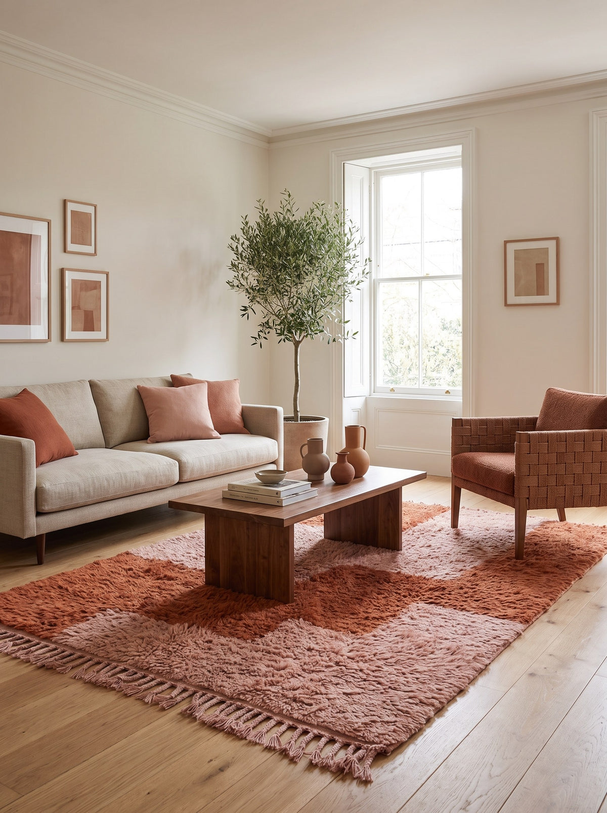 Tarmizt graphic Berber rug in terracotta and pink in another living room, hand-knotted in Morocco