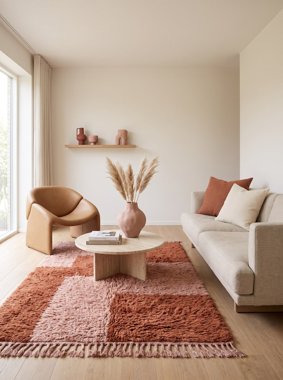 Tarmizt graphic Berber rug in terracotta and pink in a living room, hand-knotted in Morocco