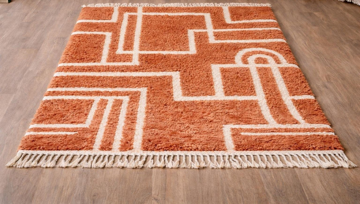 Khorbat graphic Berber rug in terracotta, on the floor, seen from the side, hand-knotted in Morocco