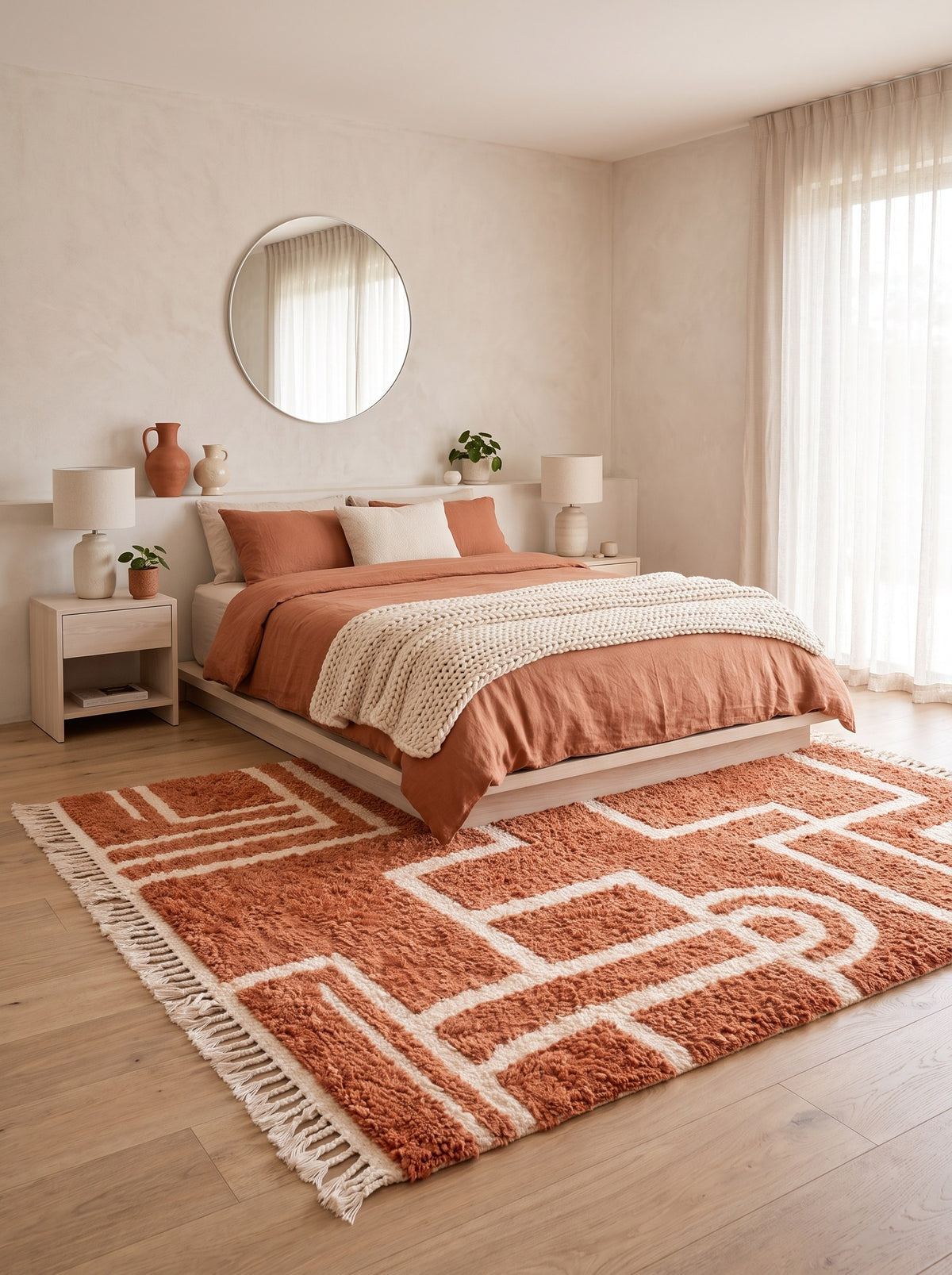 Khorbat graphic Berber rug in terracotta, in a bedroom, hand-knotted in Morocco