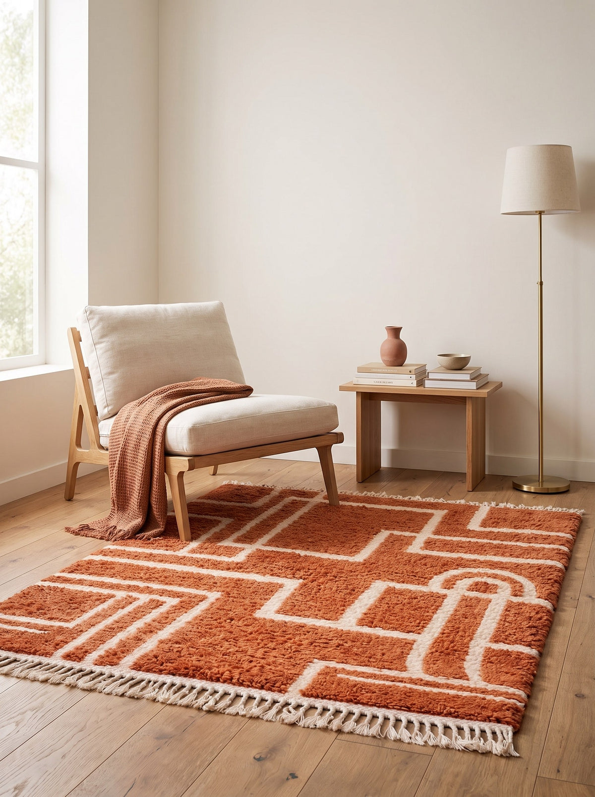 Khorbat graphic Berber rug in terracotta, in a reading nook, hand-knotted in Morocco