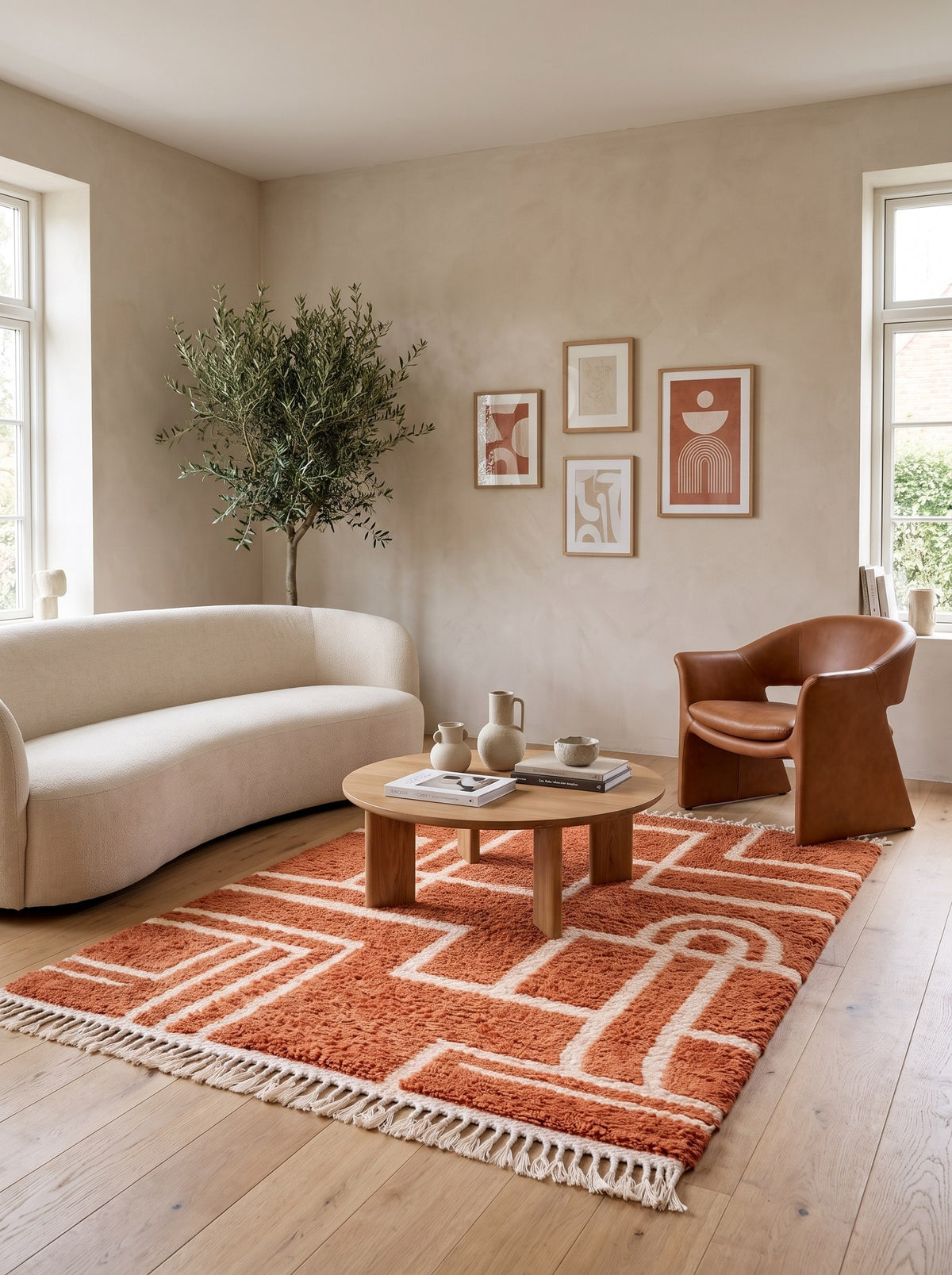 Khorbat graphic Berber rug in terracotta, in another living room, hand-knotted in Morocco