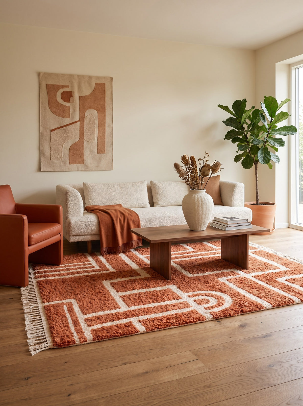 Khorbat graphic Berber rug in terracotta, in a living room, hand-knotted in Morocco