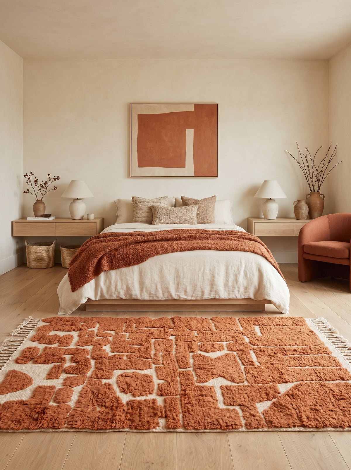 Graphic terracotta Tinmel Berber rug in a bedroom, hand-knotted in Morocco