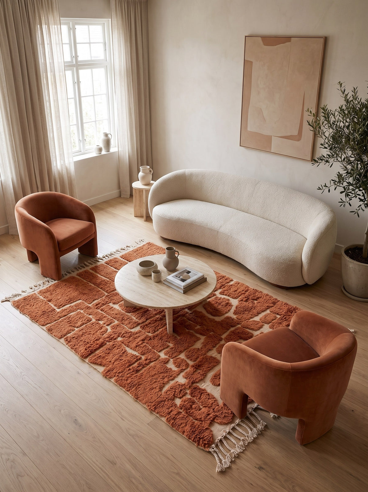 Graphic terracotta Tinmel Berber rug in a living room, hand-knotted in Morocco