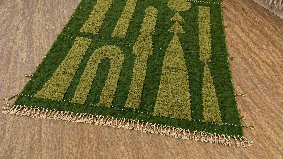 Tapis berbère graphique vert Bensmim posé au sol vu de côté, noué main au Maroc