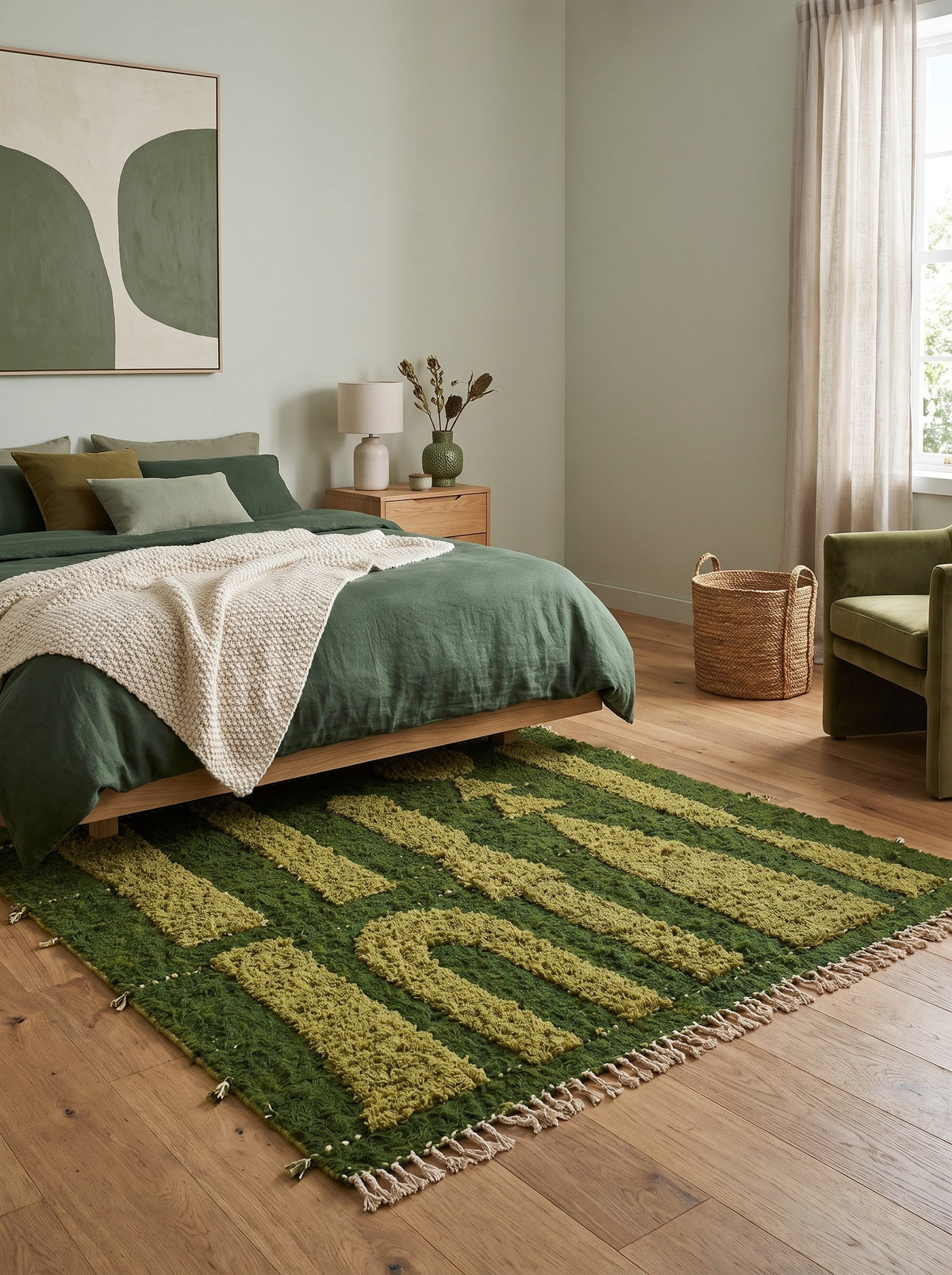 Tapis berbère graphique vert Bensmim dans une chambre, noué main au Maroc