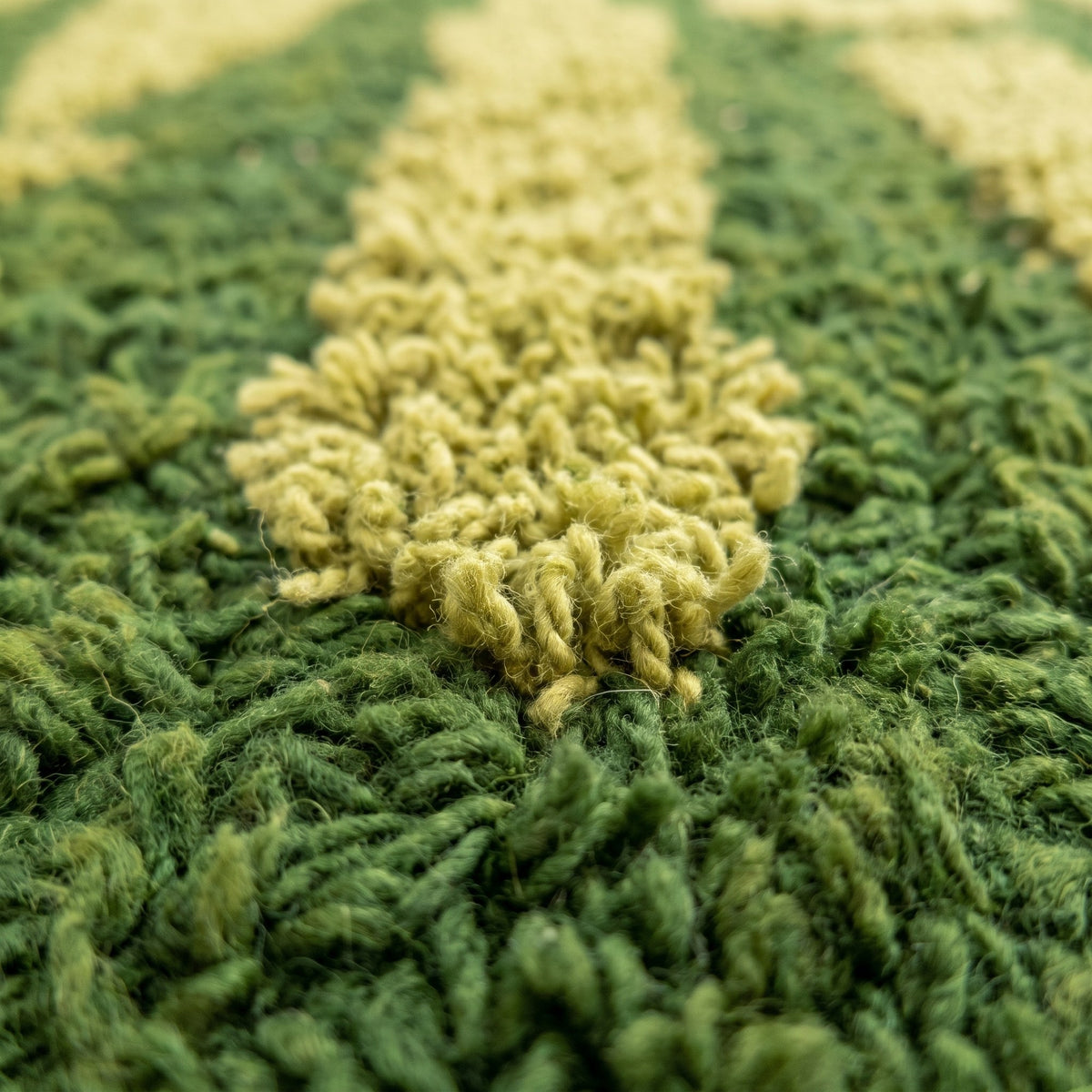 Gros plan sur un motif du tapis berbère Bensmim, champ vert profond, motifs chartreuse, en haut