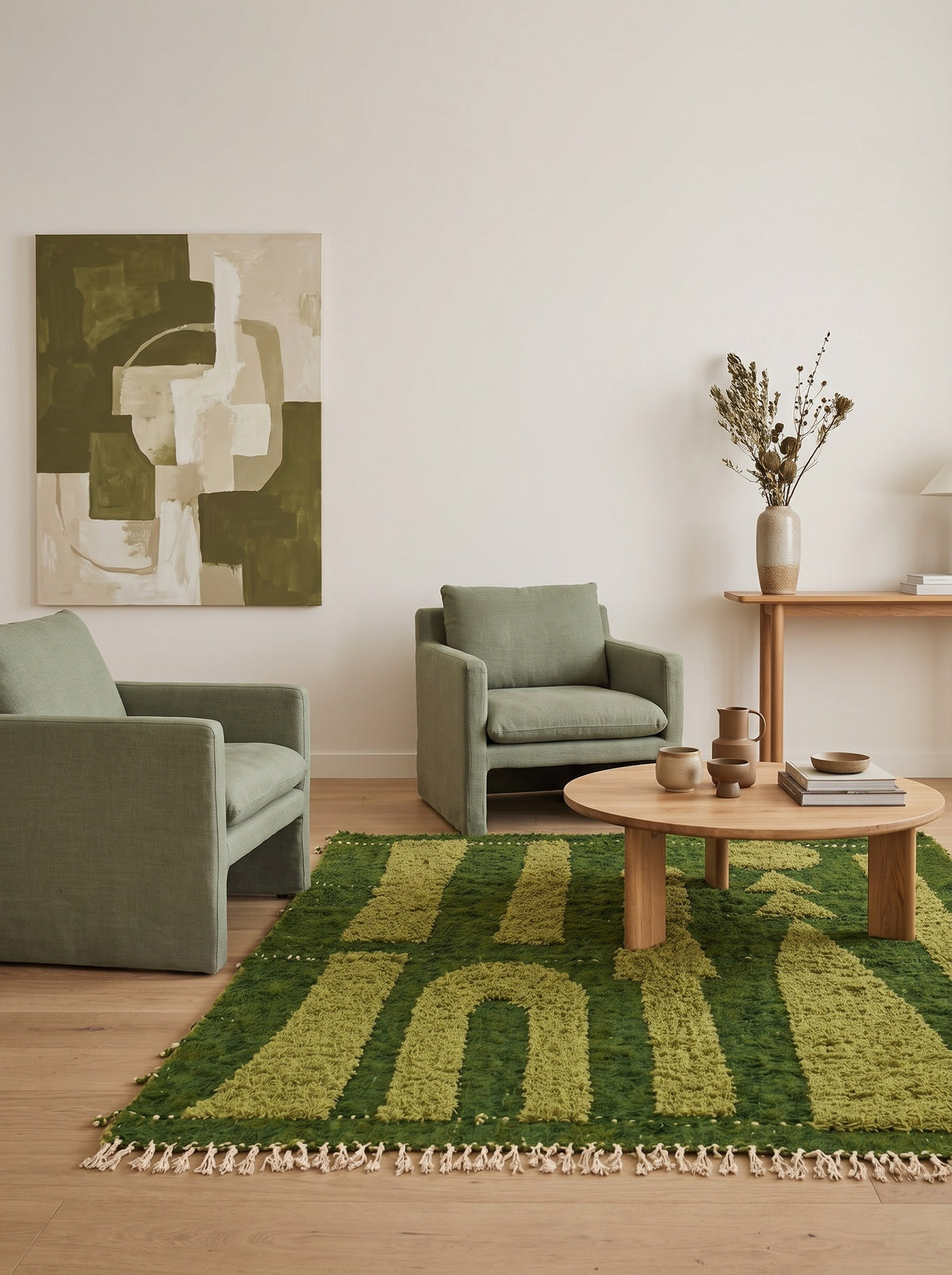 Tapis berbère graphique vert Bensmim dans un salon, noué main au Maroc