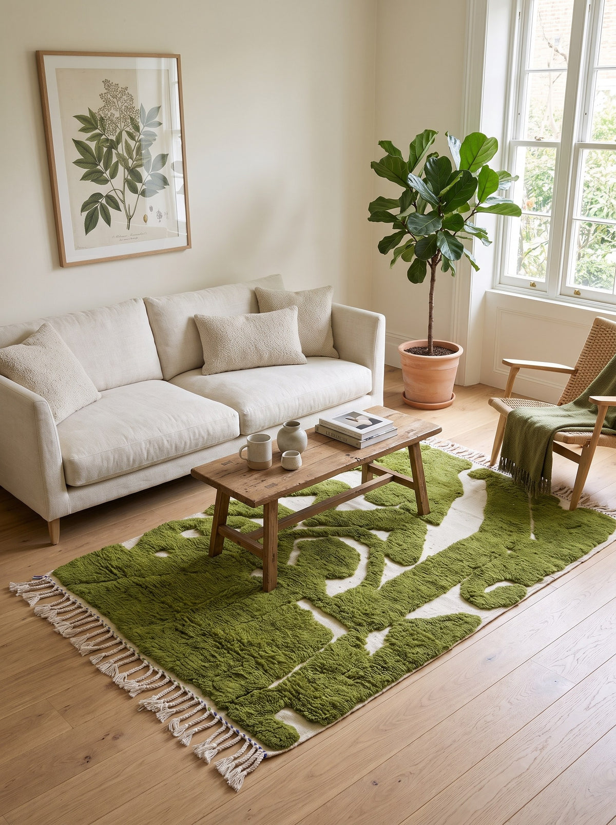 Tapis berbère graphique vert et blanc Maamora dans un autre salon, noué main au Maroc
