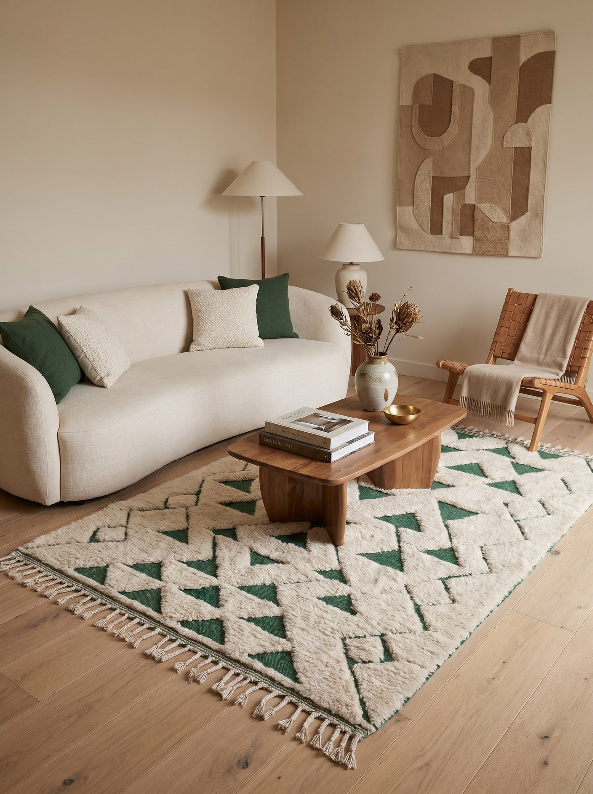Tapis berbère graphique vert et blanc Sezlan dans un salon, noué main au Maroc