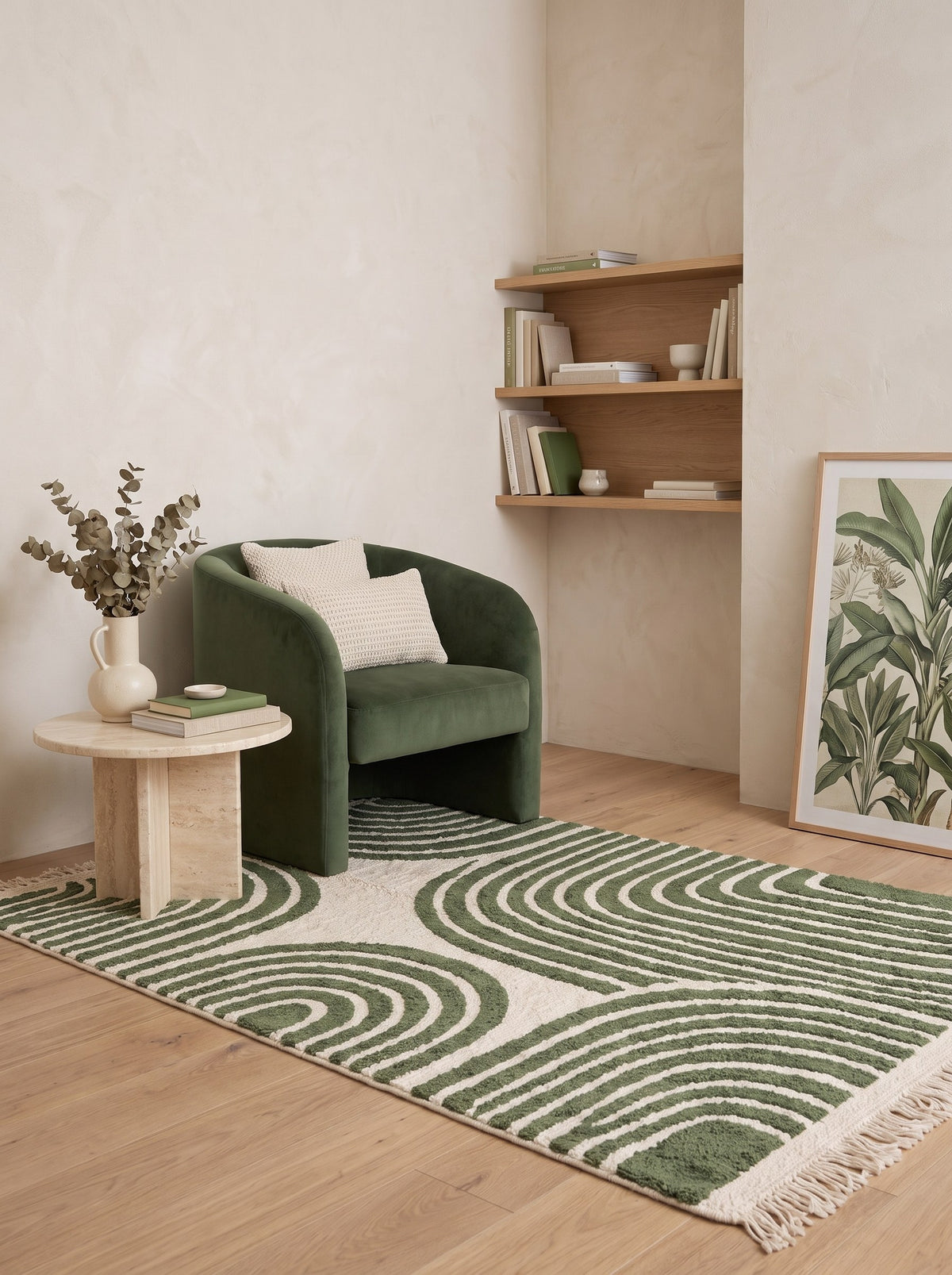 Tapis berbère graphique vert et blanc Tensift dans un coin lecture, noué main au Maroc